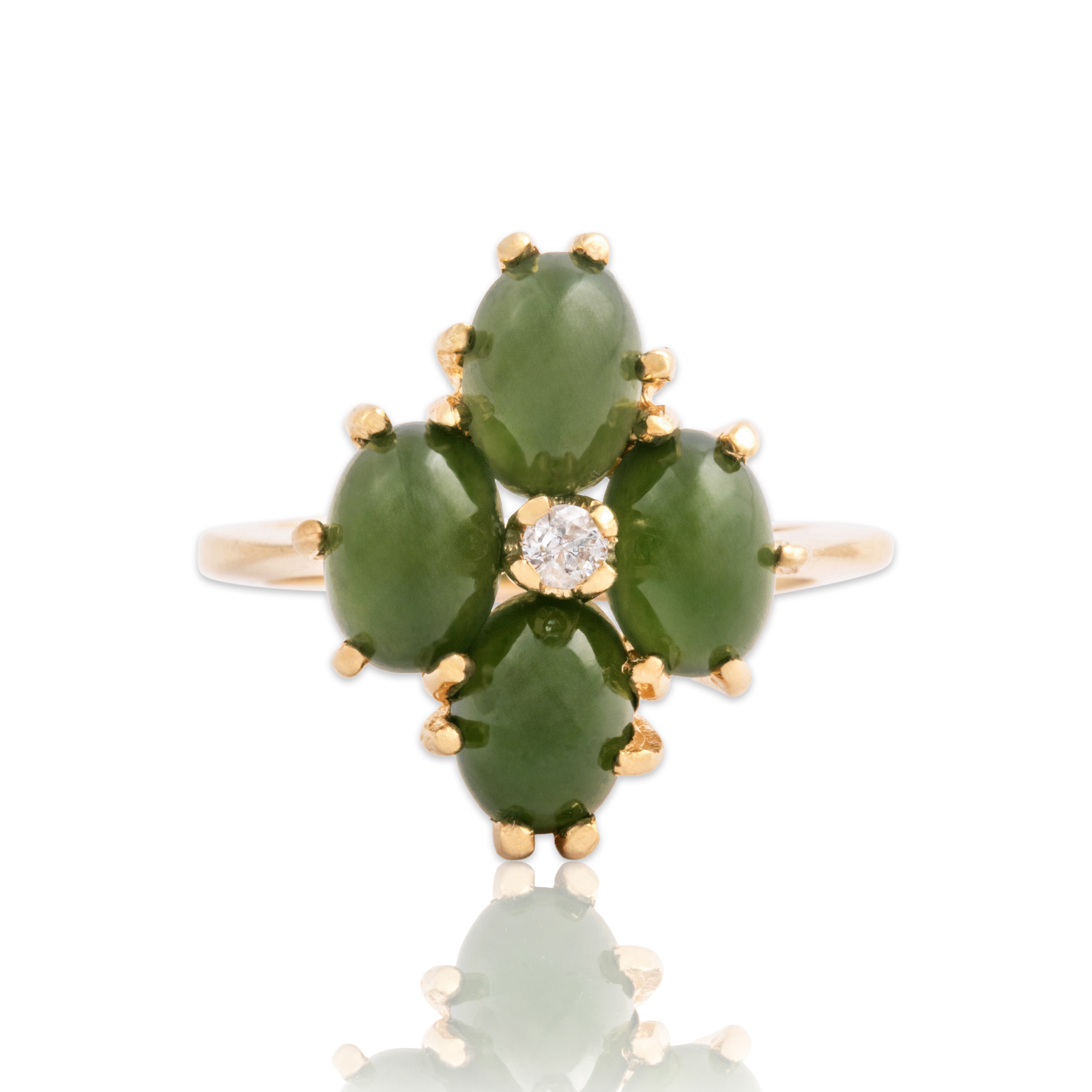 Vintage 14k Yellow Gold 2.8cttw Jade Diamond Chic Cabochon Quatrefoil Ring 5.50