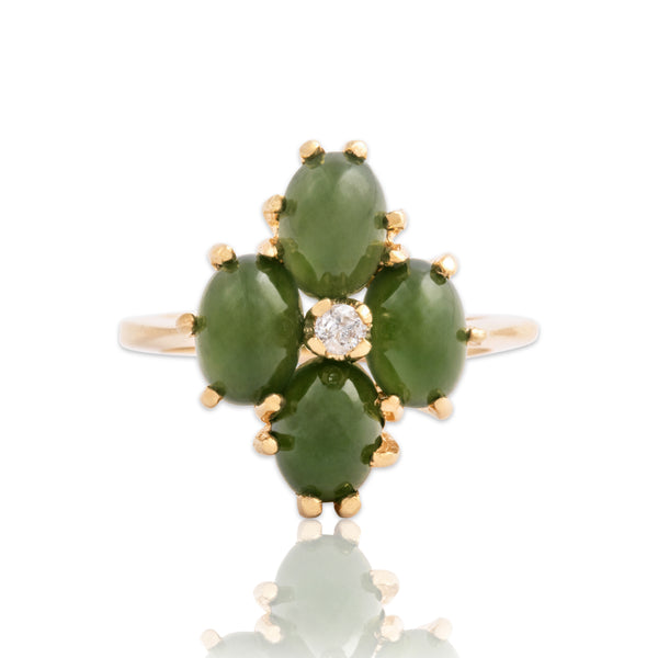 Vintage 14k Yellow Gold 2.8cttw Jade Diamond Chic Cabochon Quatrefoil Ring 5.50