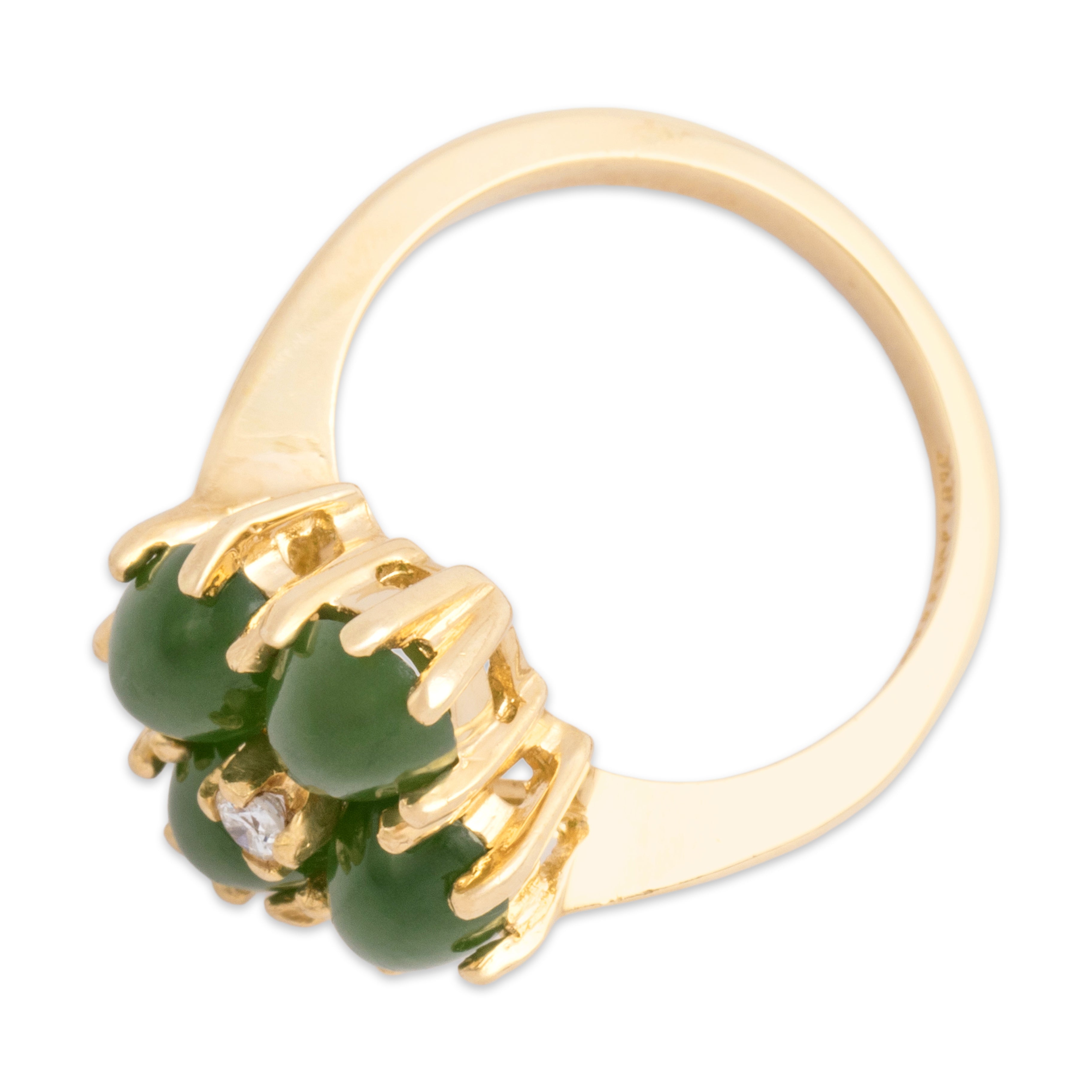 Vintage 14k Yellow Gold 2.8cttw Jade Diamond Chic Cabochon Quatrefoil Ring - Overall view