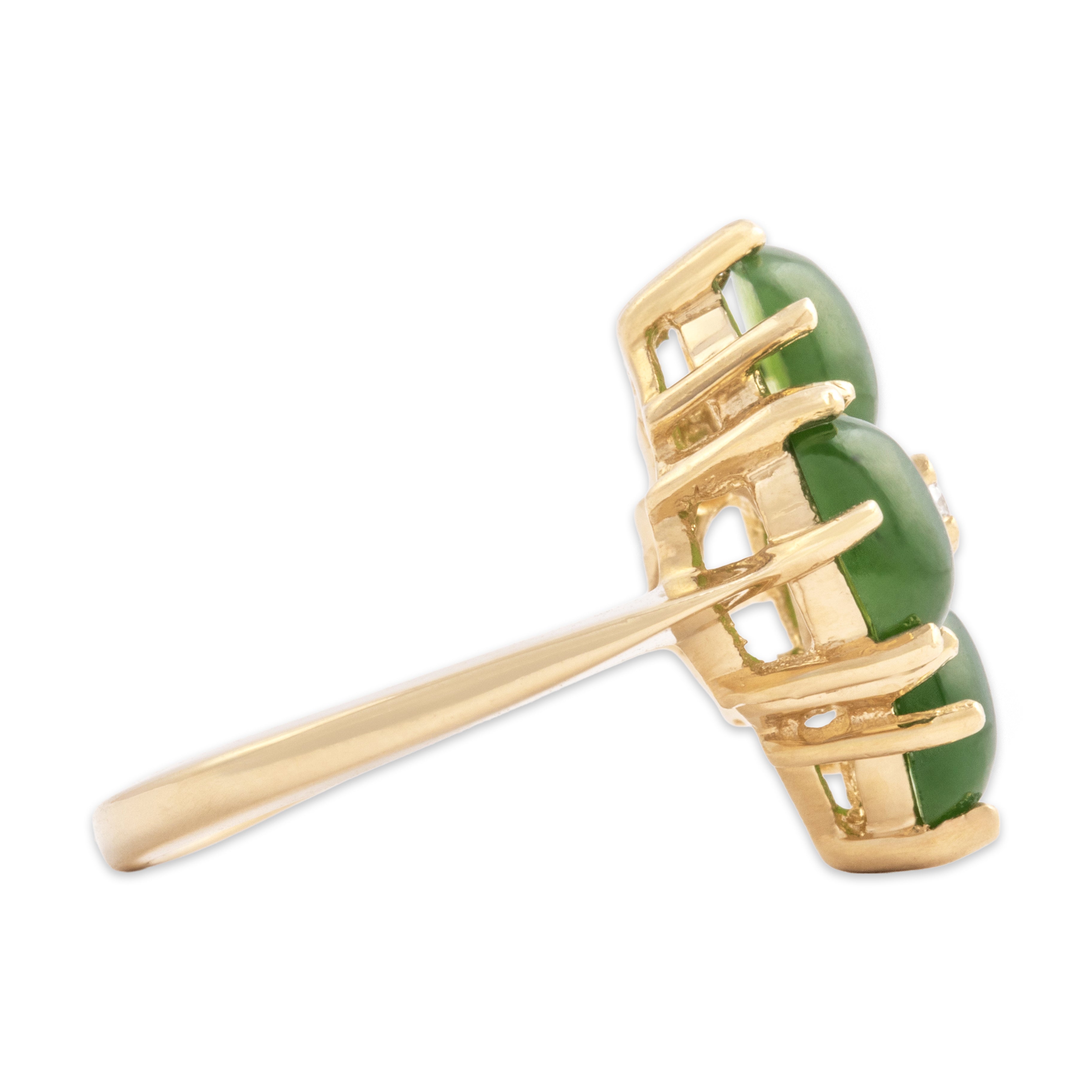 Vintage 14k Yellow Gold 2.8cttw Jade Diamond Chic Cabochon Quatrefoil Ring - Side view
