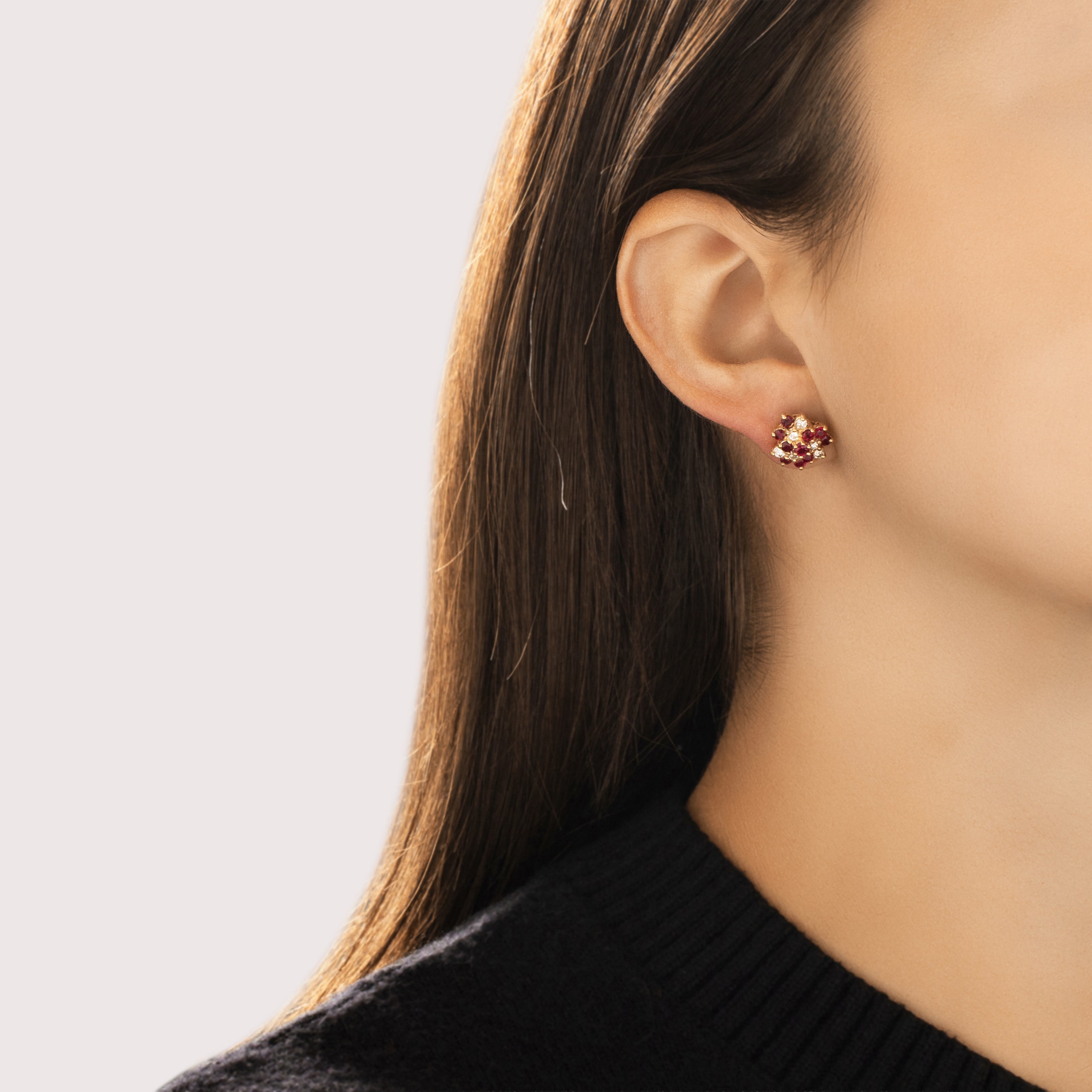 Vintage 14k Yellow Gold .9cttw Ruby Diamond Dazzling Spiraling Trefoil Stud Earrings - On model view