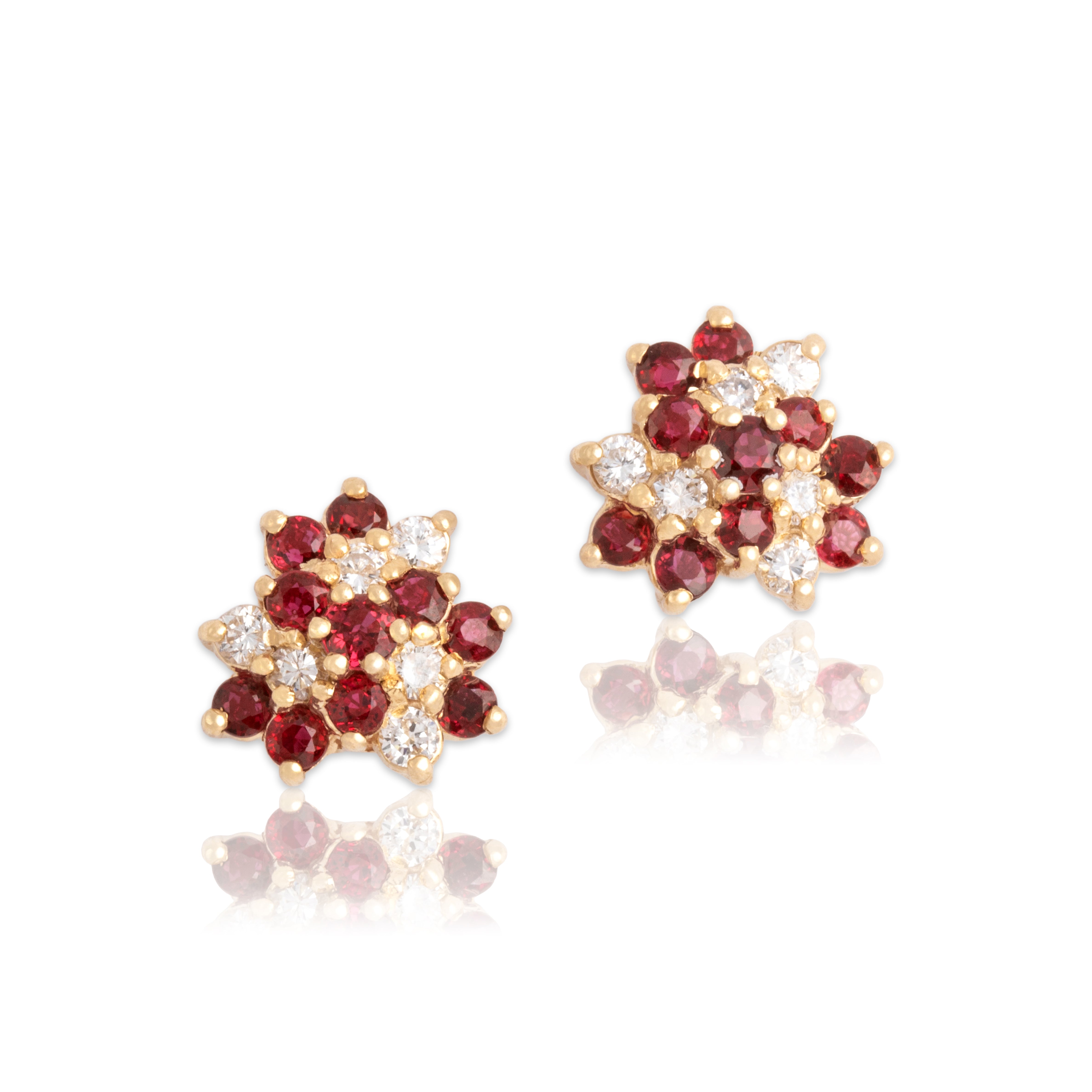 Vintage 14k Yellow Gold .9cttw Ruby Diamond Stunning Spiraling Trefoil Stud Earrings