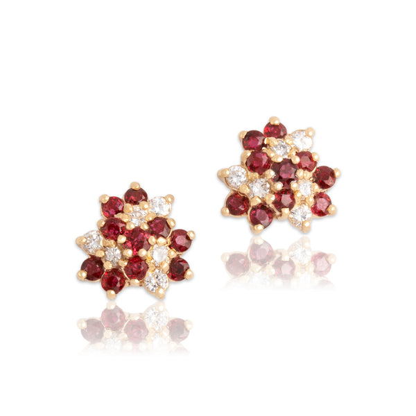 Vintage 14k Yellow Gold .9cttw Ruby Diamond Stunning Spiraling Trefoil Stud Earrings