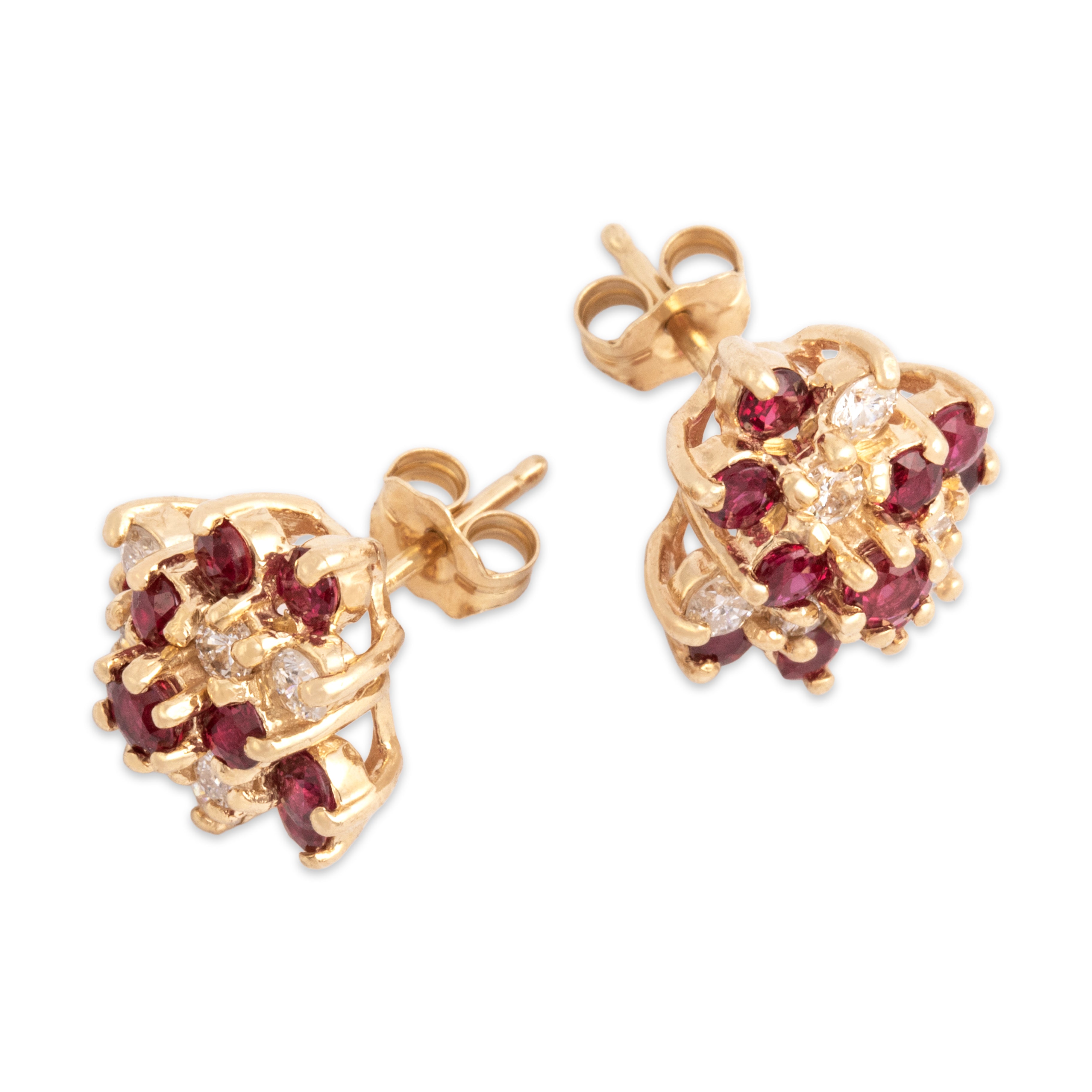 Vintage 14k Yellow Gold .9cttw Ruby Diamond Dazzling Spiraling Trefoil Stud Earrings - Overall view
