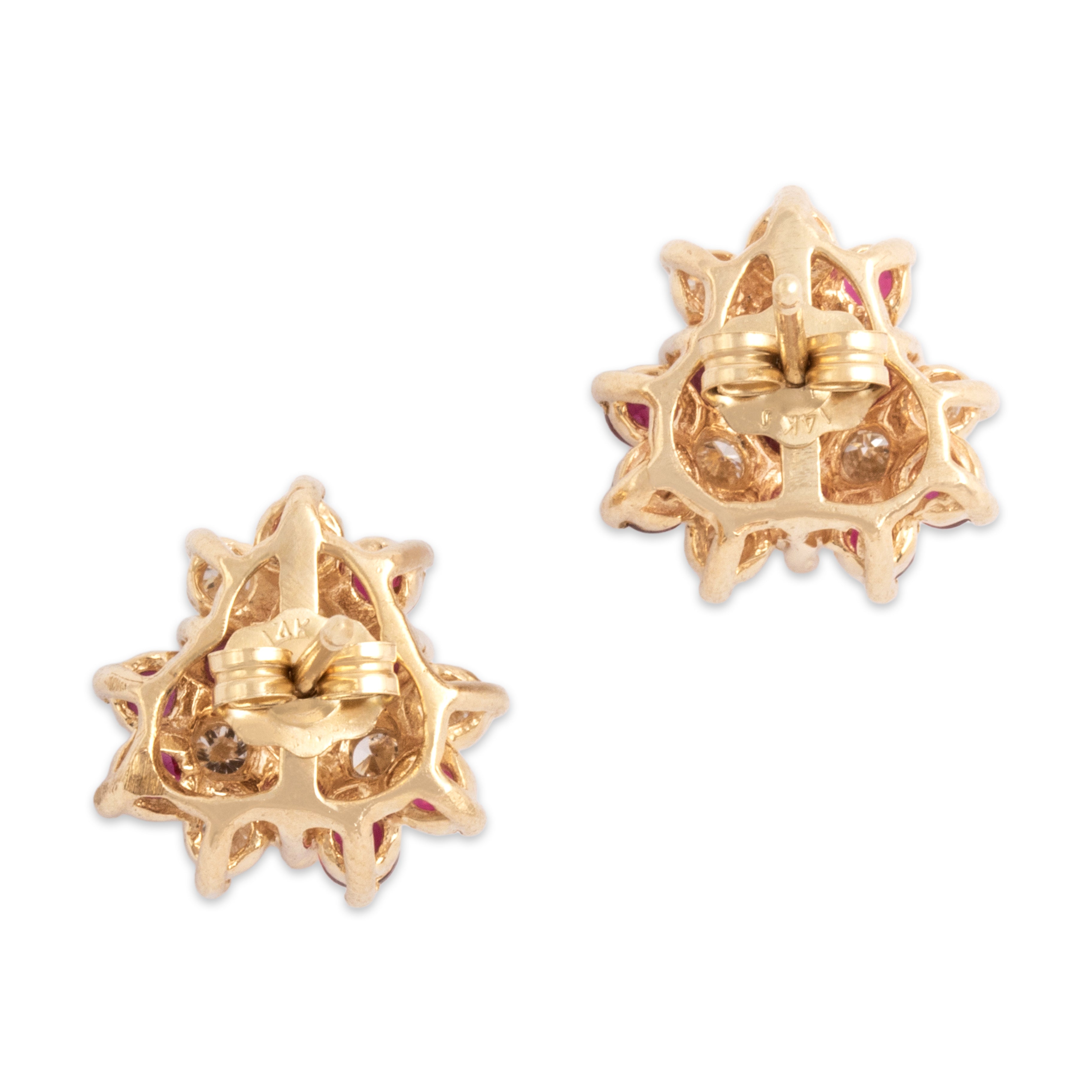 Vintage 14k Yellow Gold .9cttw Ruby Diamond Dazzling Spiraling Trefoil Stud Earrings - Back view