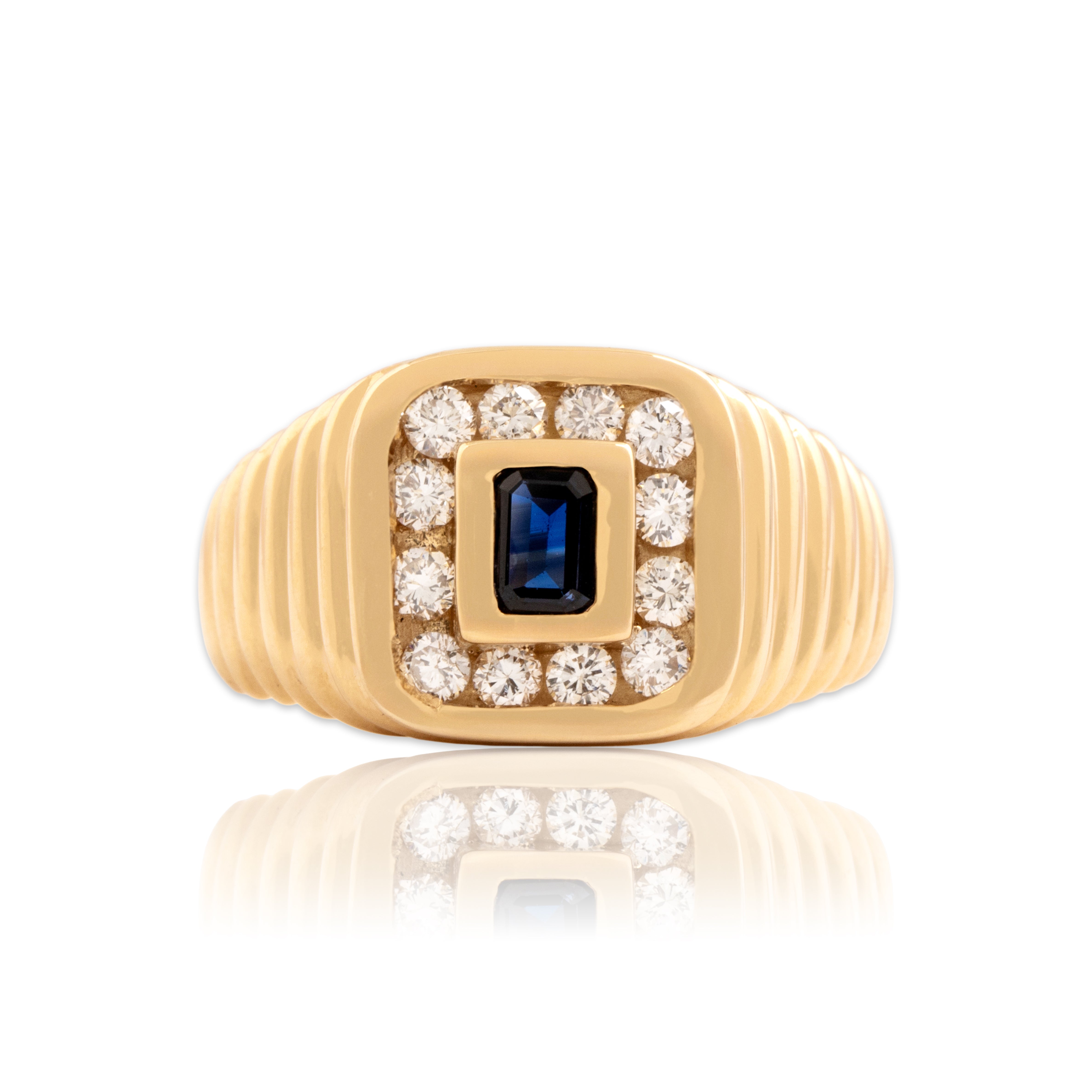 Vintage Heavy 14k Yellow Gold Diamond Blue Sapphire Square Ribbed Channel Halo Ring - Close-up view