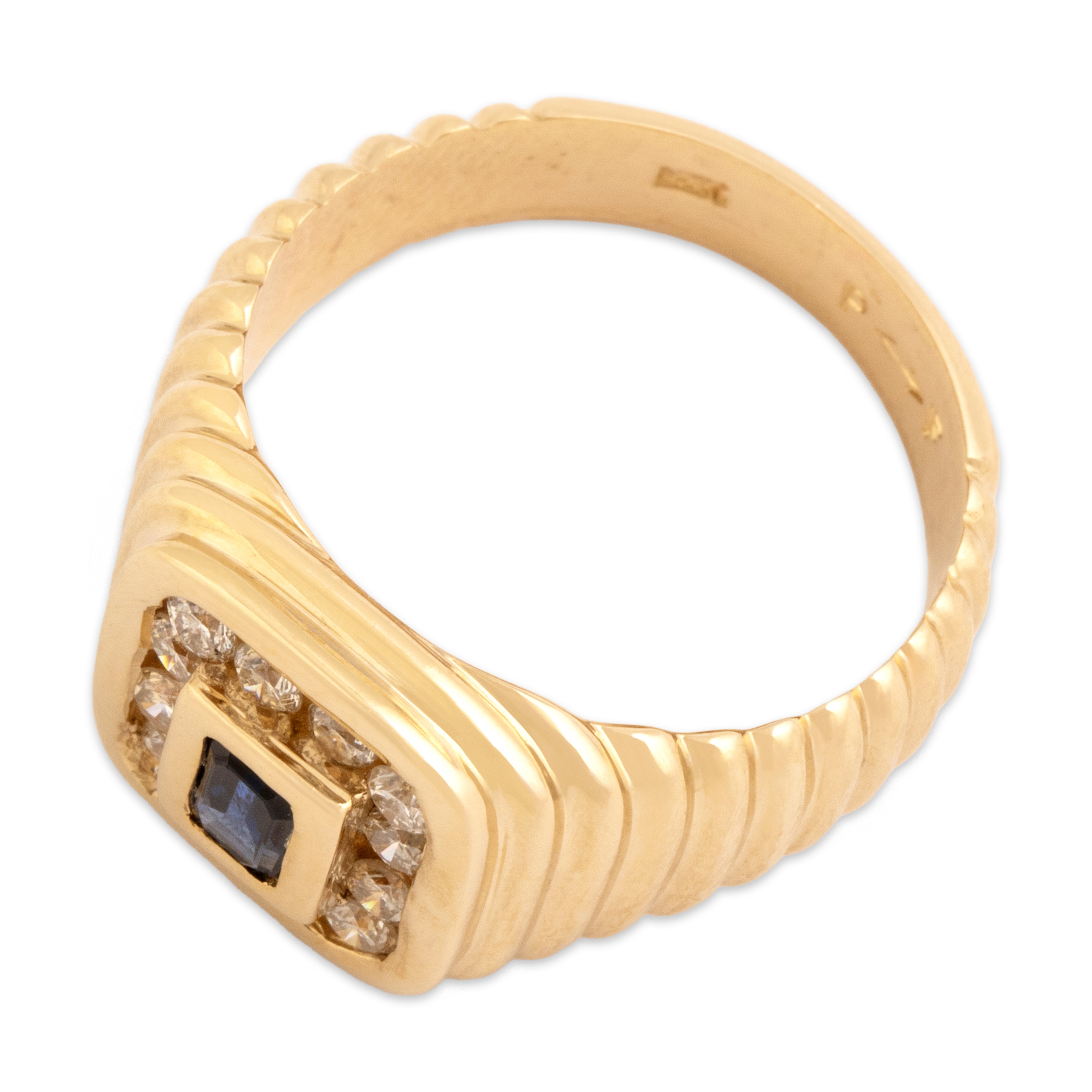 Vintage Heavy 14k Yellow Gold Diamond Blue Sapphire Square Ribbed Channel Halo Ring - Overall view