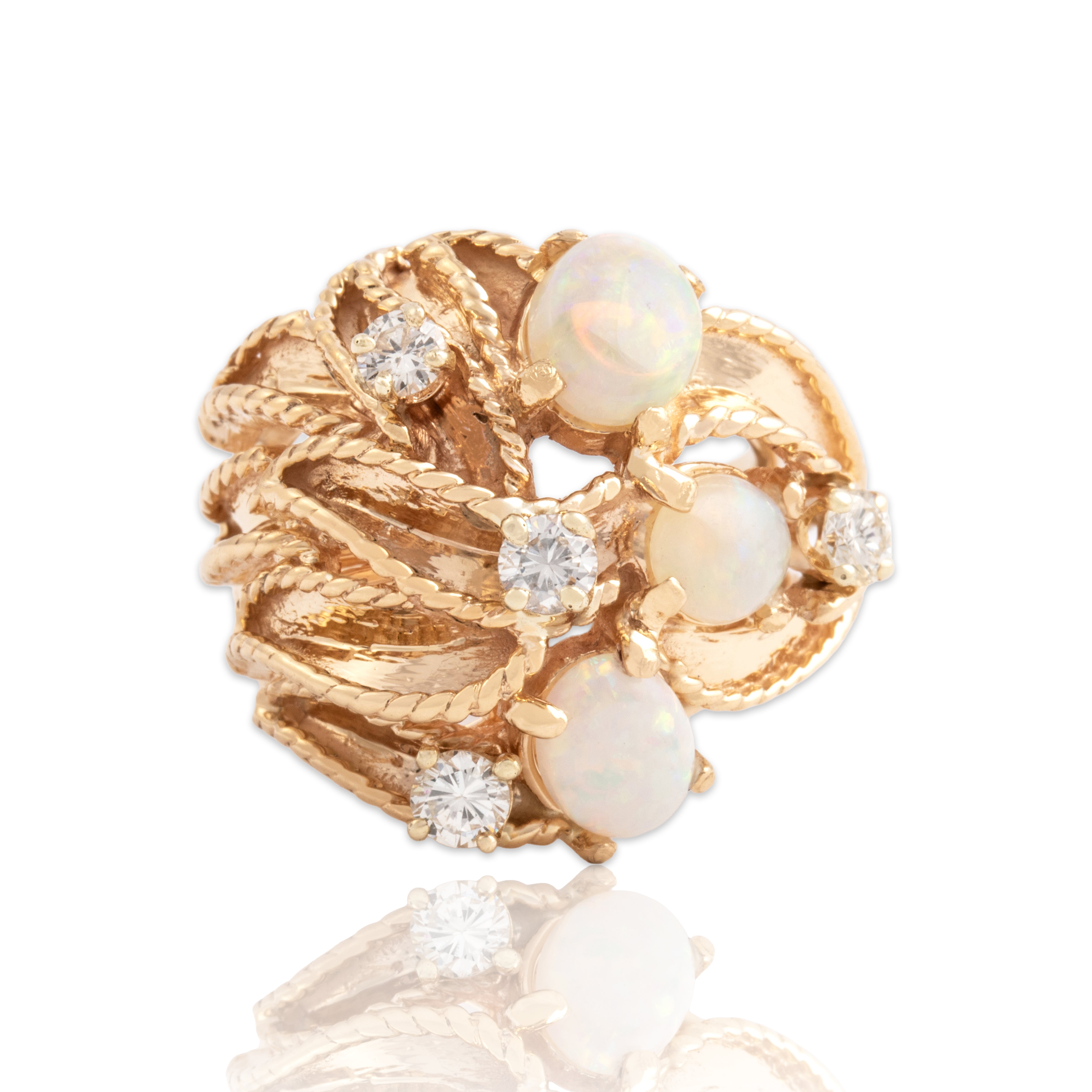 Vintage Heavy 14k Yellow Gold 1.69cttw Opal Diamond Naturalistic Cabled Statement Ring - Close-up view