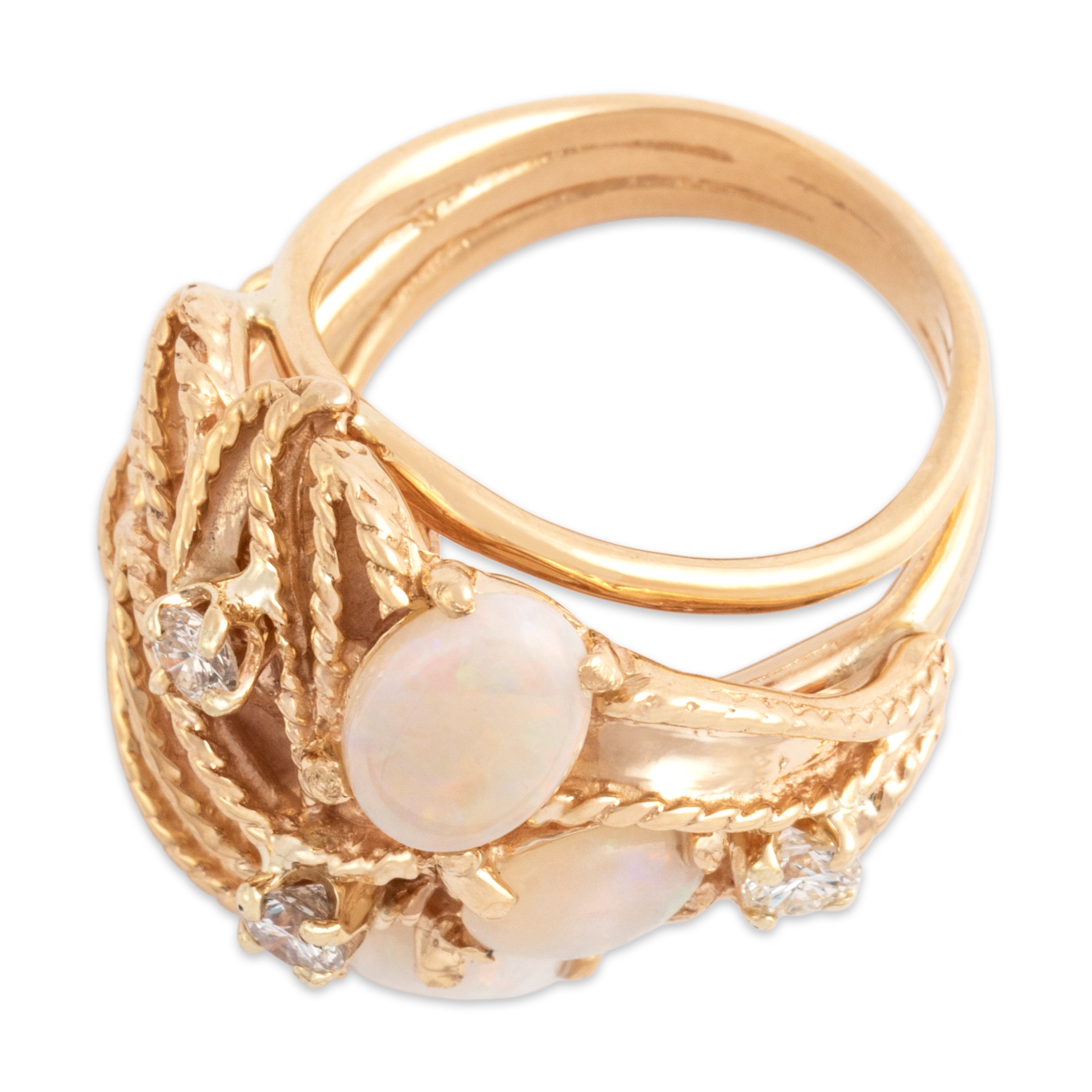 Vintage Heavy 14k Yellow Gold 1.69cttw Opal Diamond Naturalistic Cabled Statement Ring - Overall view