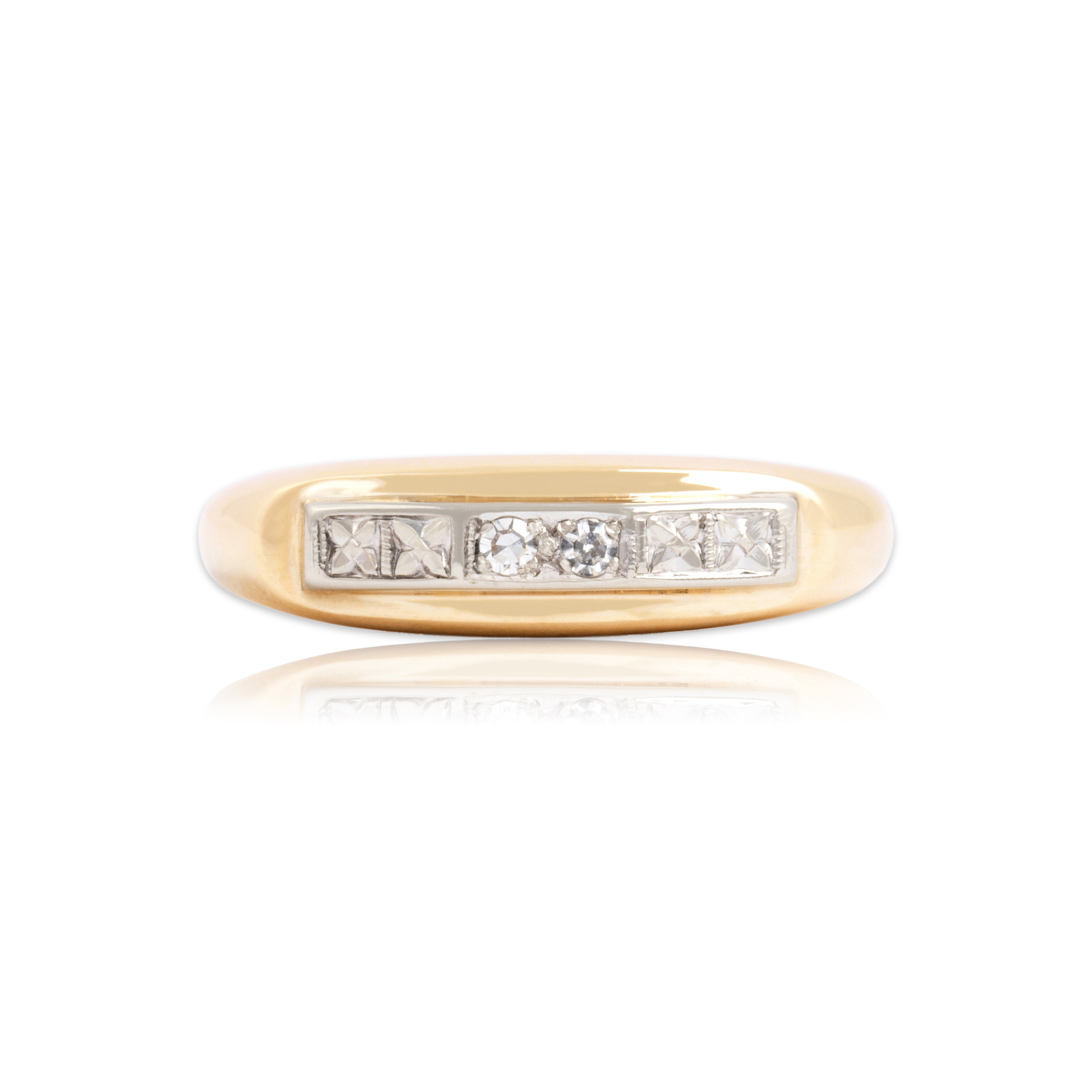 Vintage 14k Yellow & White Gold Diamond Classic Blossom Accented Line Band Ring - Close-up view