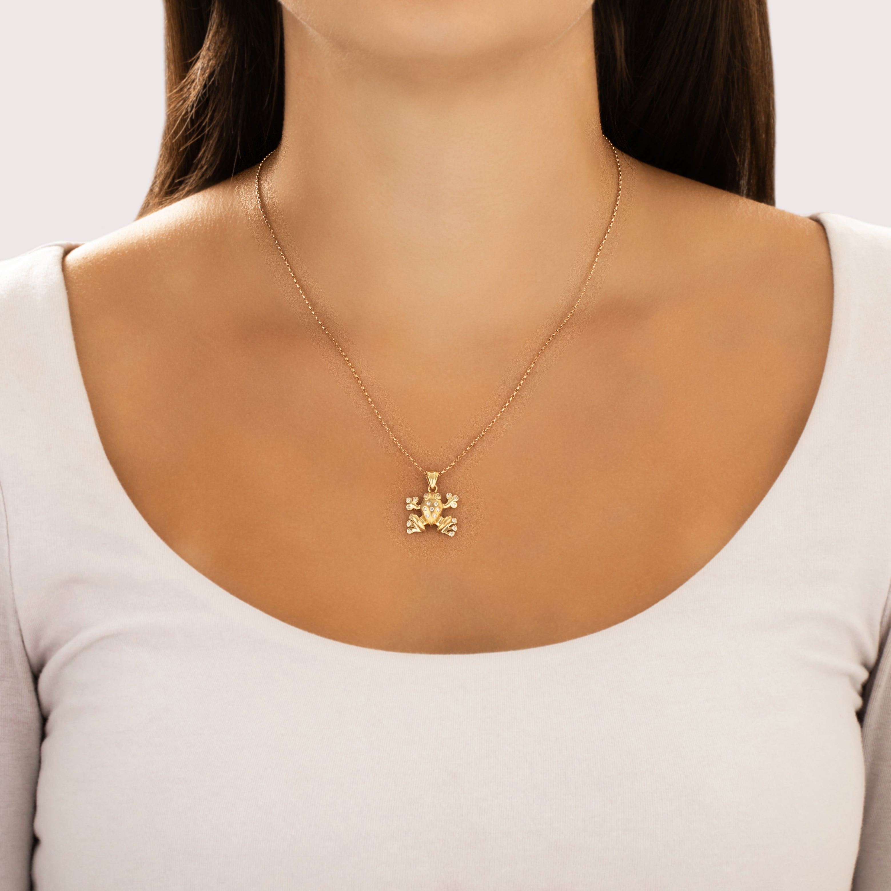 Vintage 14k Yellow Gold Diamond Sparkly Rainforest Frog Pendant - On model view