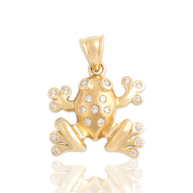 Vintage 14k Yellow Gold Diamond Sparkly Rainforest Frog Pendant