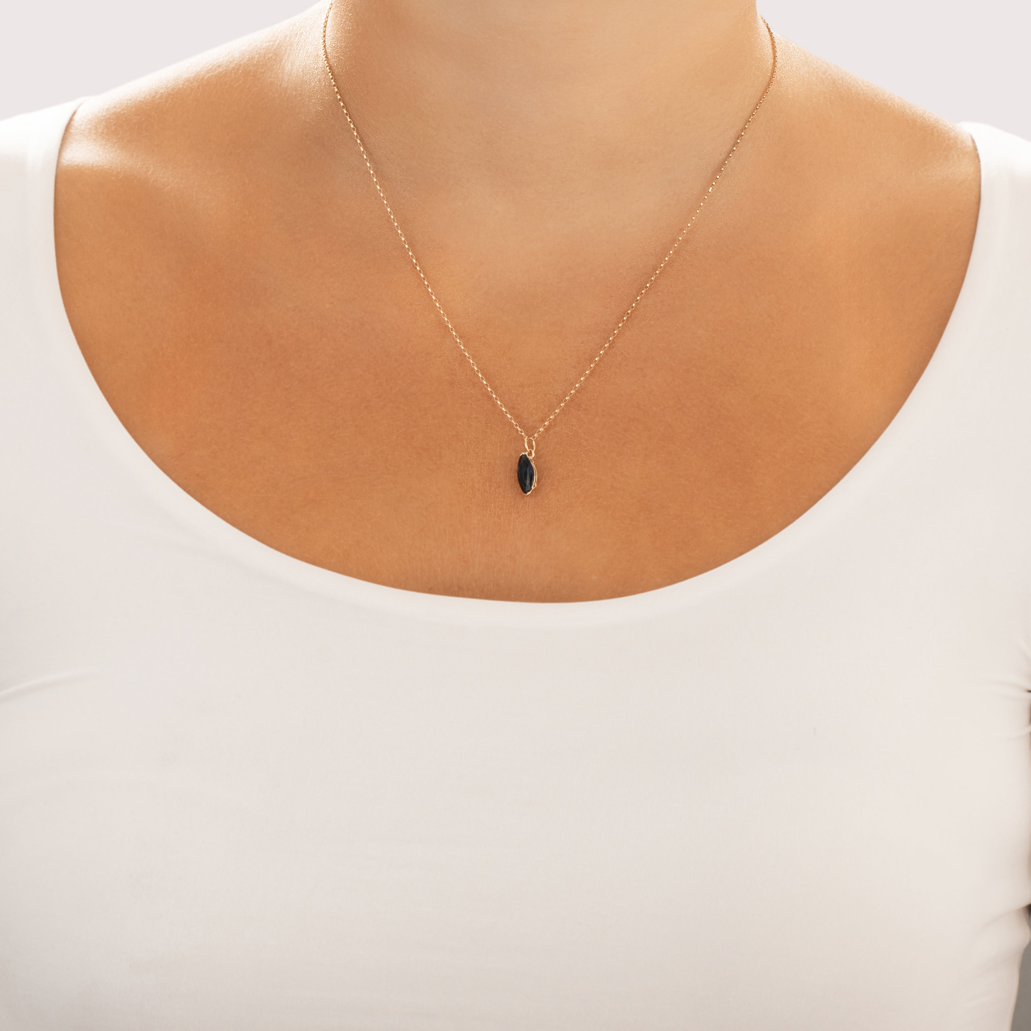 Vintage 14k Yellow Gold .92ct Blue Sapphire Sleek Navette Solitaire Charm / Pendant - On model view