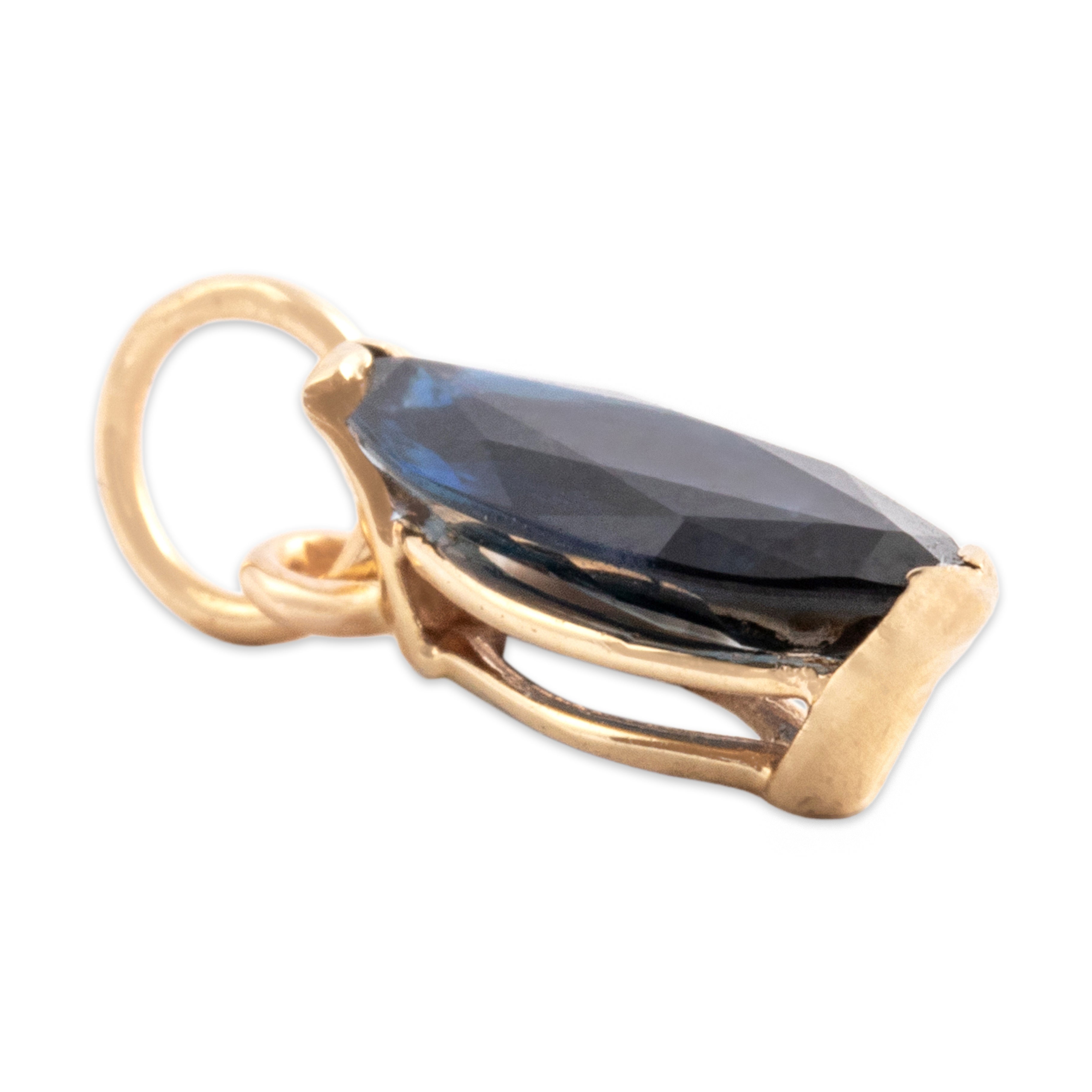 Vintage 14k Yellow Gold .92ct Blue Sapphire Sleek Navette Solitaire Charm / Pendant - Side view