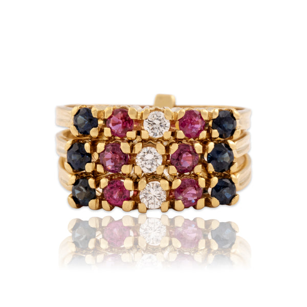 Vintage Heavy 18k Yellow Gold .65cttw Blue Sapphire .56cttw Ruby Diamond Triple Band Stack Ring - Close-up view