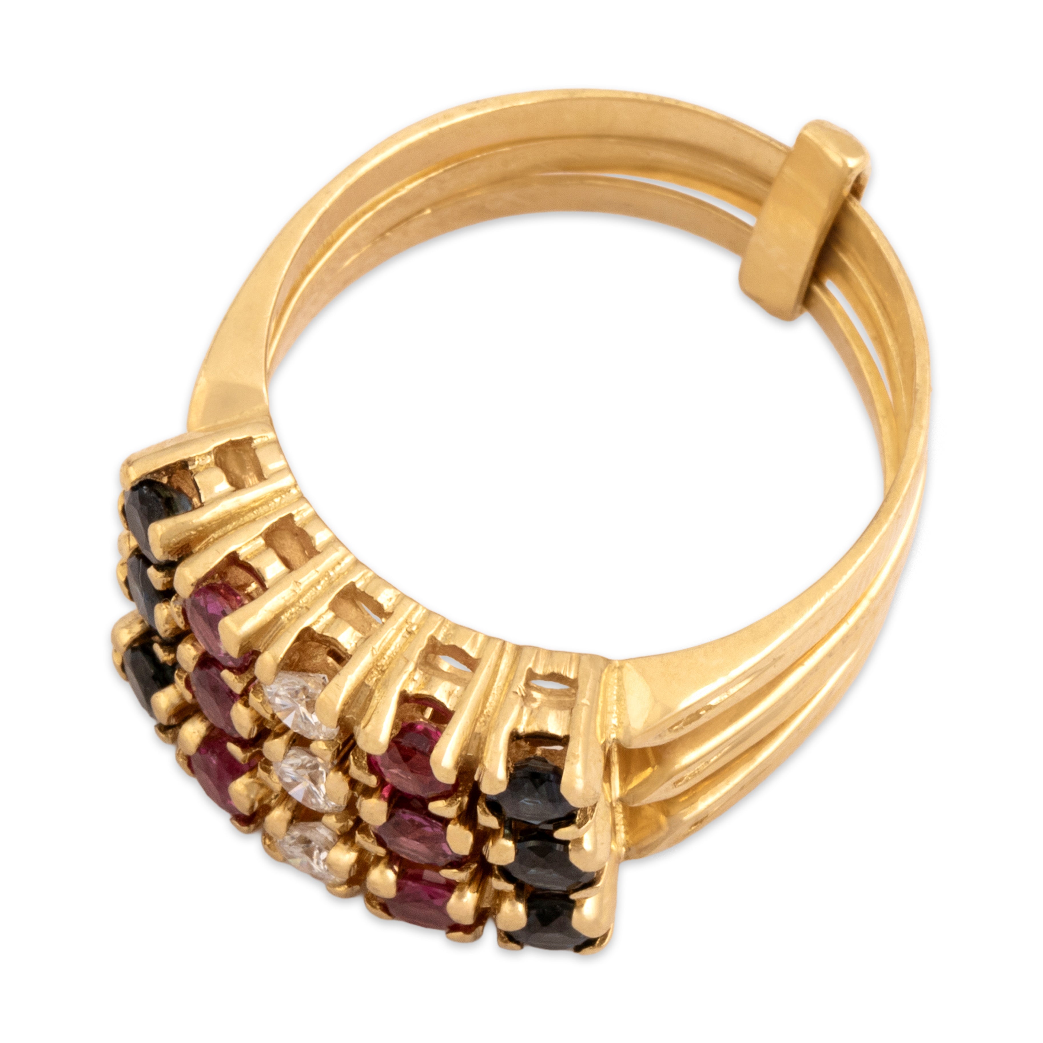 Vintage Heavy 18k Yellow Gold .65cttw Blue Sapphire .56cttw Ruby Diamond Triple Band Stack Ring - Overall view