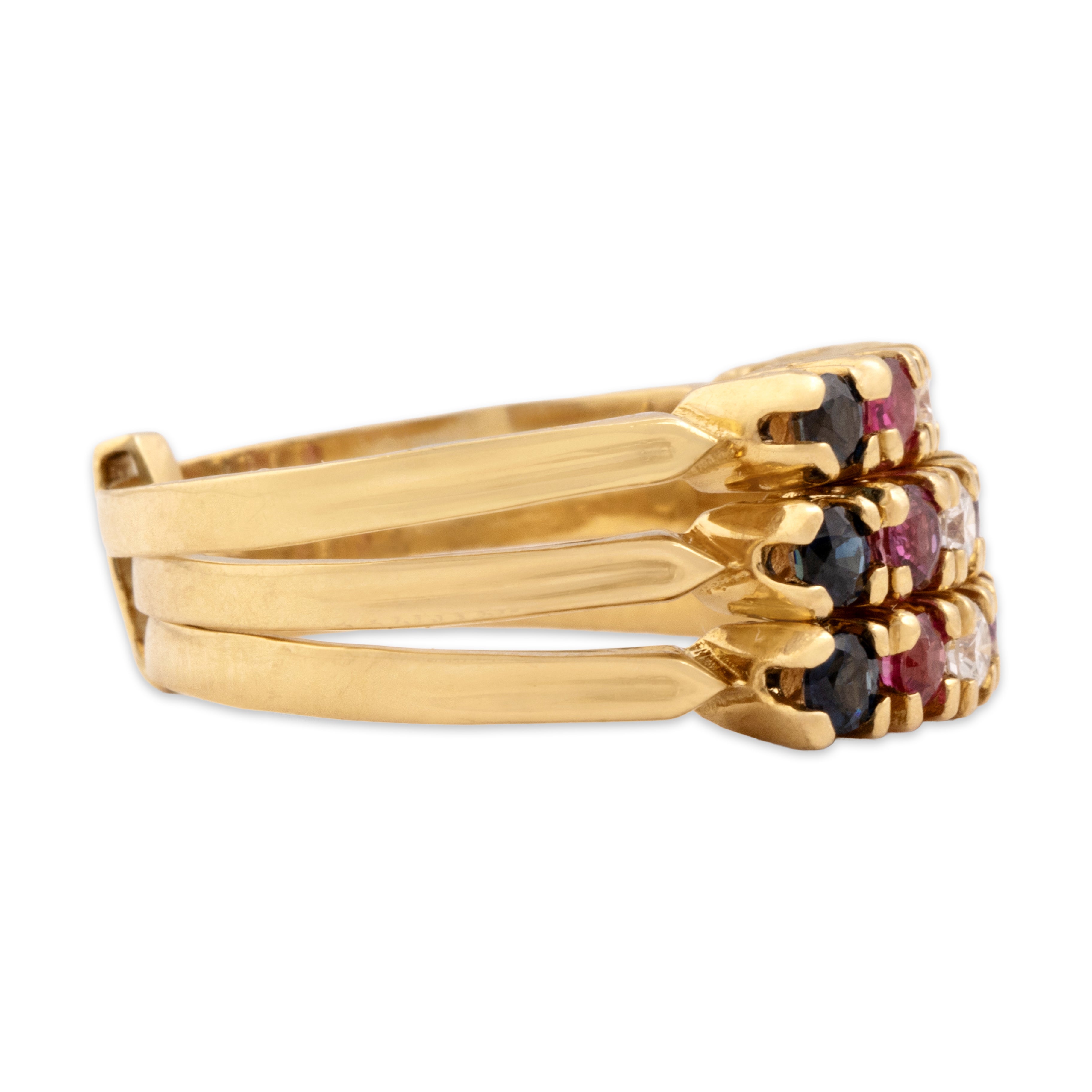 Vintage Heavy 18k Yellow Gold .65cttw Blue Sapphire .56cttw Ruby Diamond Triple Band Stack Ring - Side view