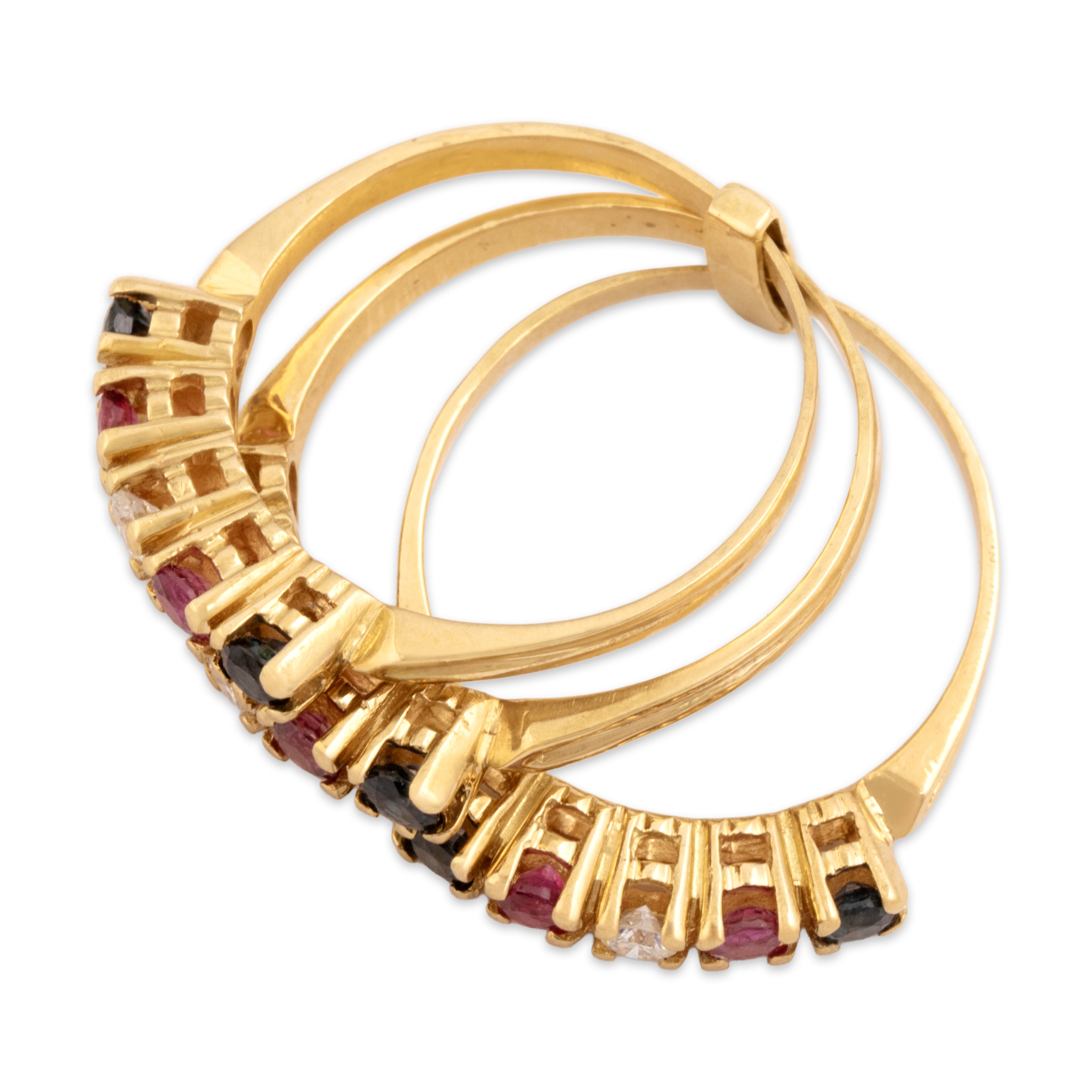 Vintage Heavy 18k Yellow Gold .65cttw Blue Sapphire .56cttw Ruby Diamond Triple Band Stack Ring - detail view #1
