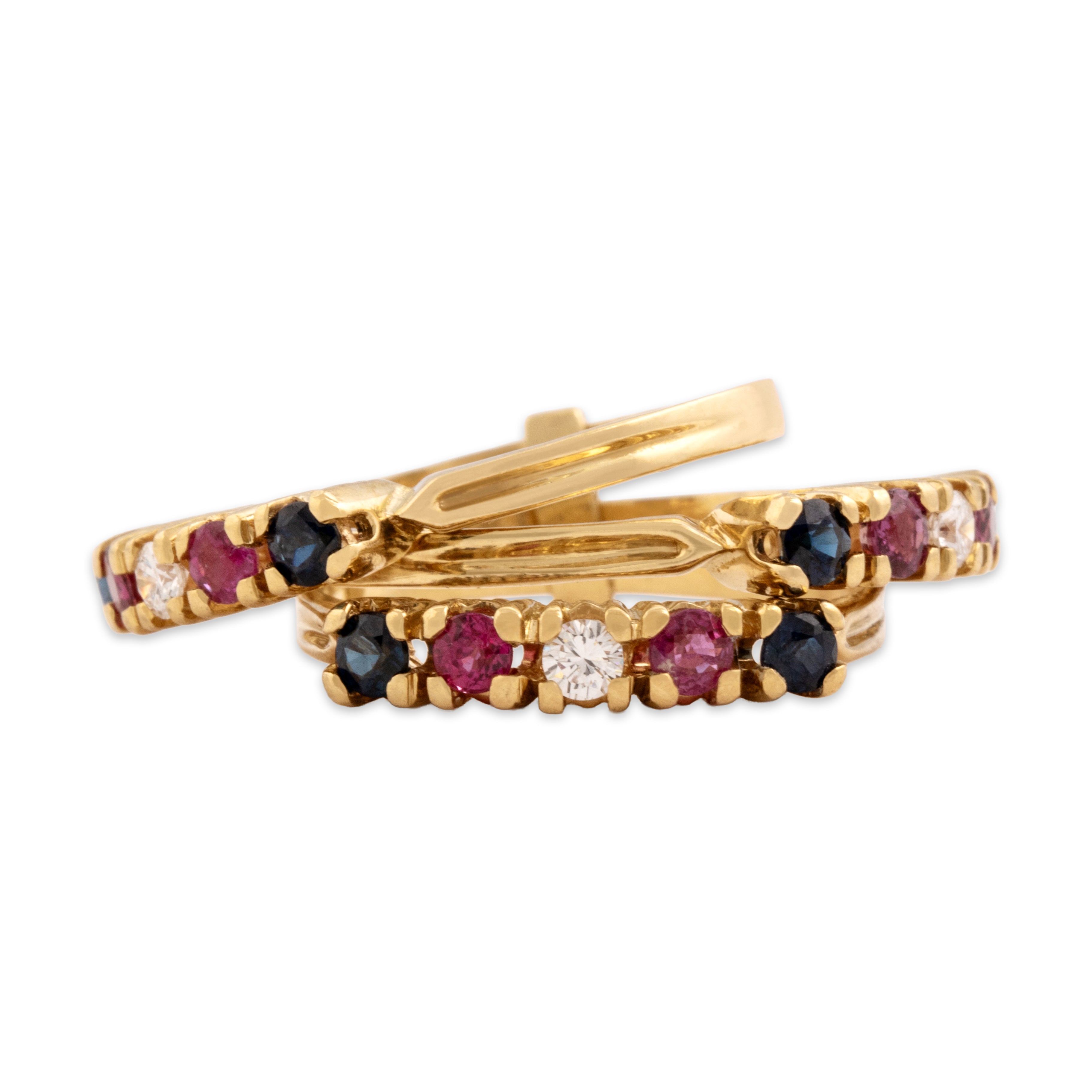 Vintage Heavy 18k Yellow Gold .65cttw Blue Sapphire .56cttw Ruby Diamond Triple Band Stack Ring - Overall view