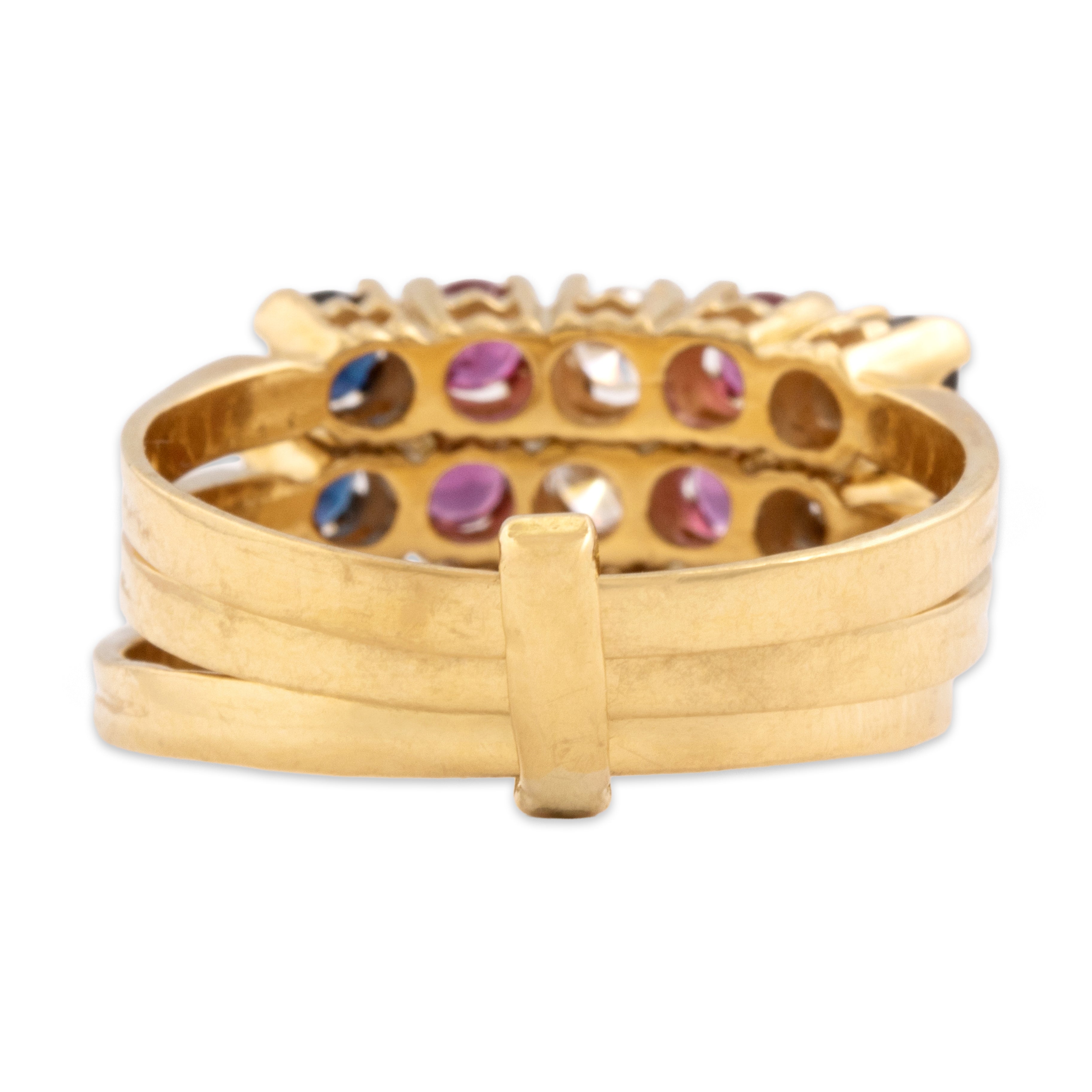 Vintage Heavy 18k Yellow Gold .65cttw Blue Sapphire .56cttw Ruby Diamond Triple Band Stack Ring - Back view