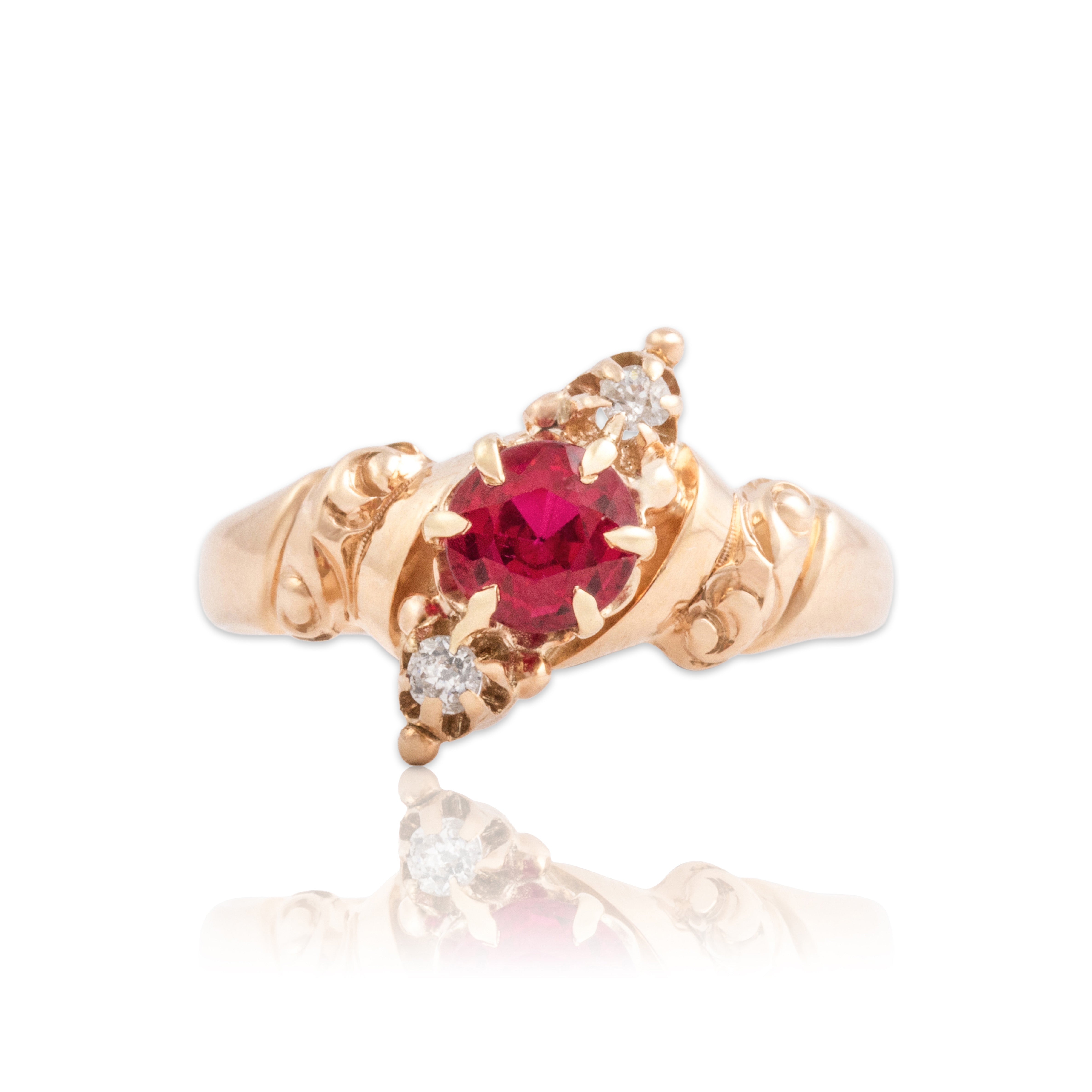 Antique 10k Rosy Yellow Gold .61ct Synthetic Ruby Natural Old Mine Diamond Ring 6.00