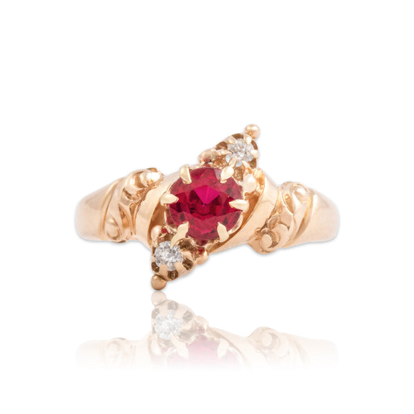 Antique 10k Rosy Yellow Gold .61ct Synthetic Ruby Natural Old Mine Diamond Ring 6.00