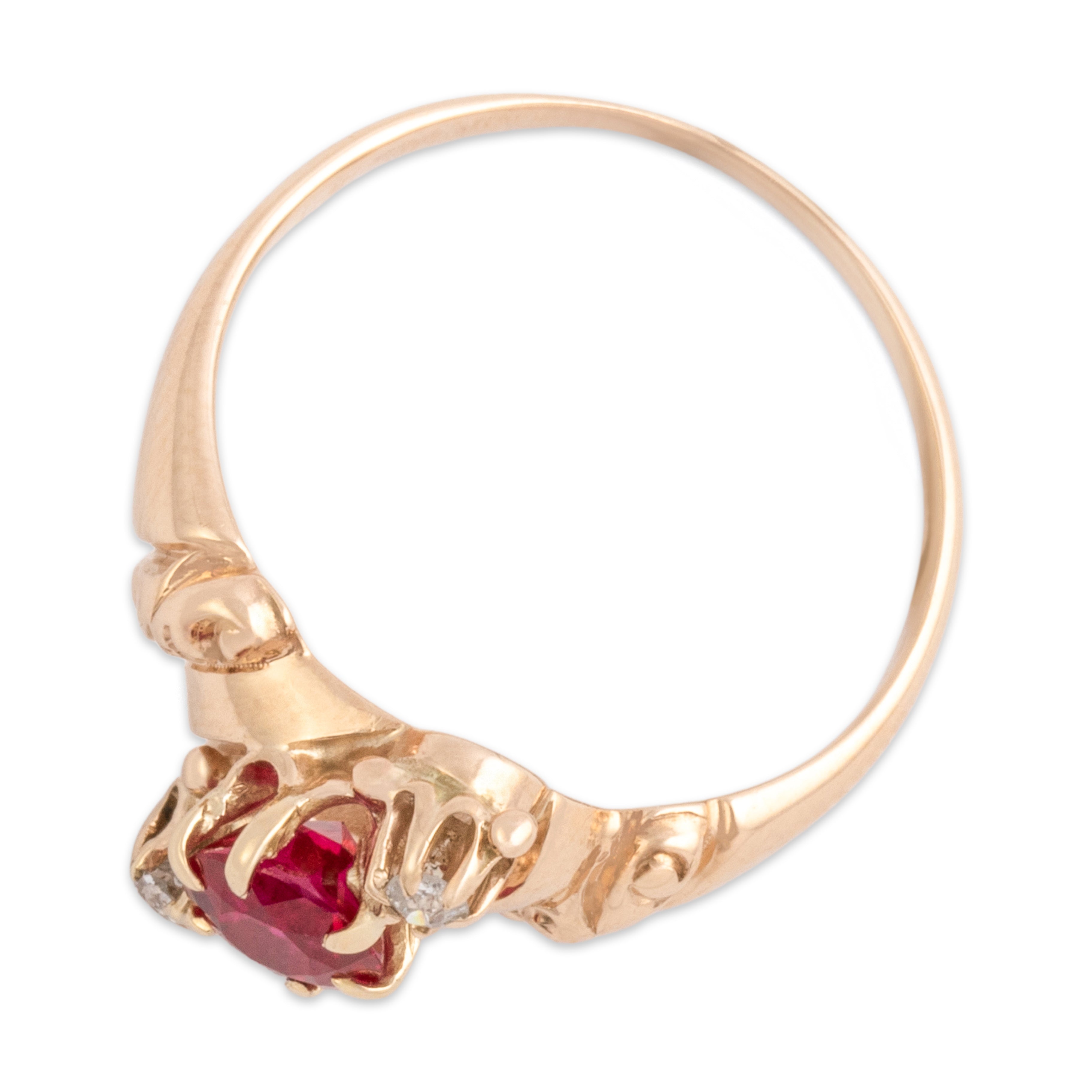 Antique Edwardian 10k Rosy Yellow Gold .61ct Synthetic Ruby Natural Old Mine Cut Diamond Asymmetric Decorated Trio Ring - Overall view