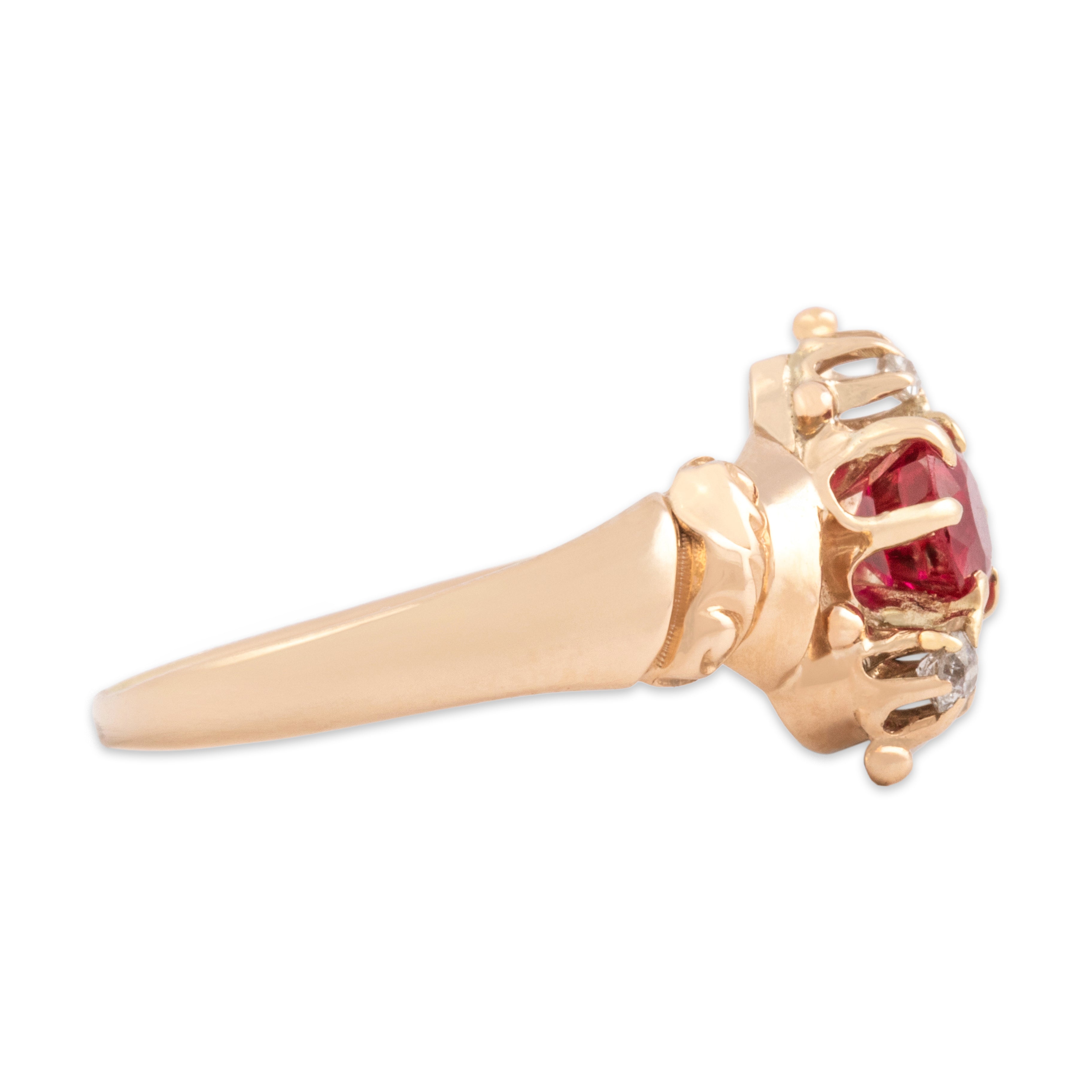 Antique Edwardian 10k Rosy Yellow Gold .61ct Synthetic Ruby Natural Old Mine Cut Diamond Asymmetric Decorated Trio Ring - Side view