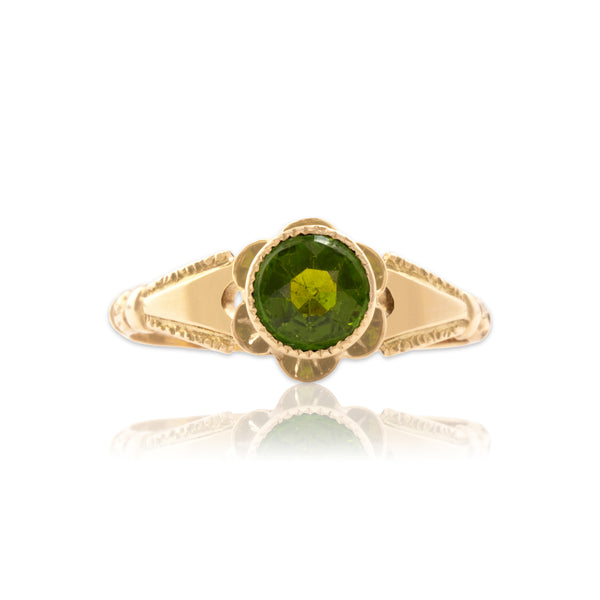 Antique 10k Rosy Yellow Gold Green Glass Floral Accented Shoulder Ring 7.75