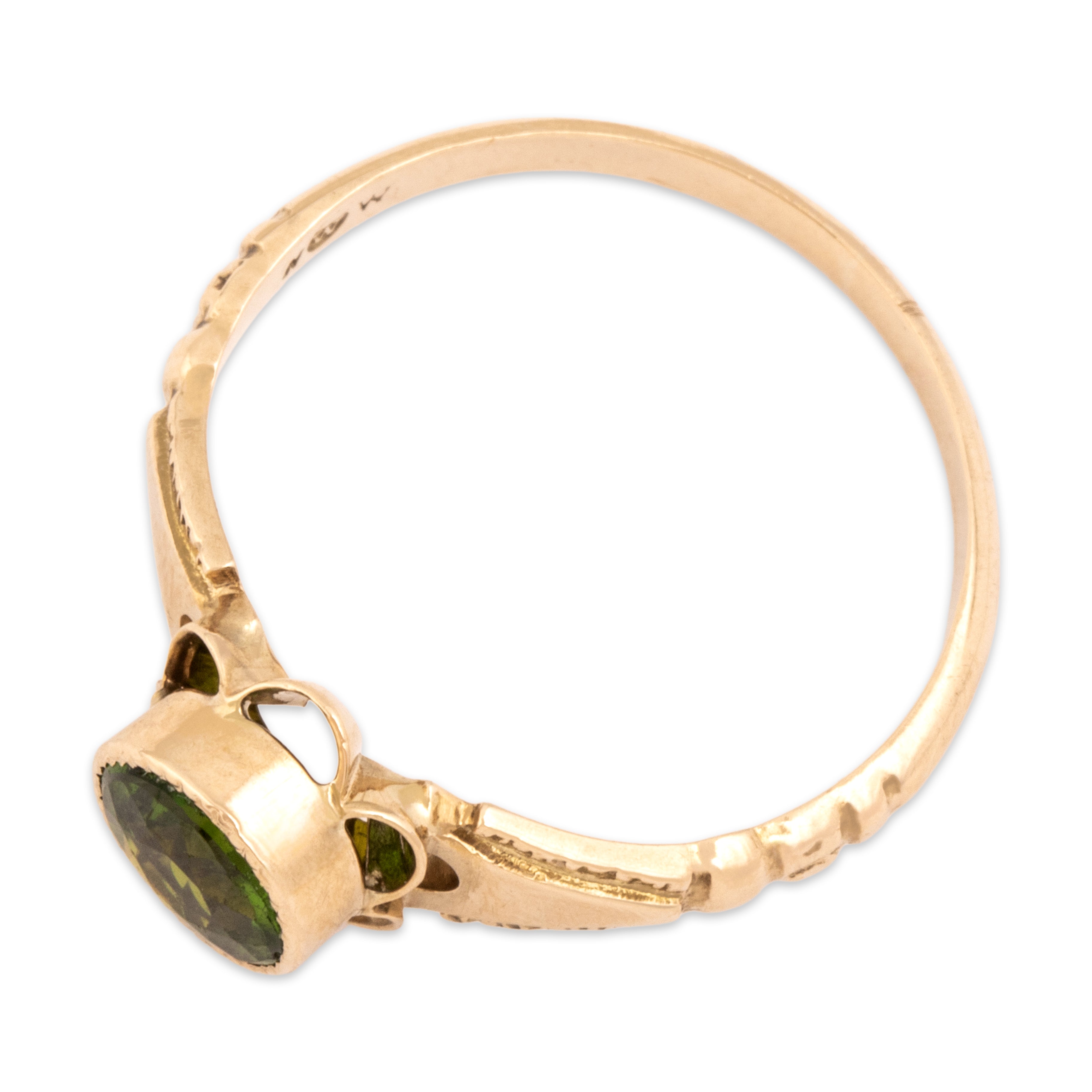 Antique 10k Rosy Yellow Gold Green Glass Floral Setting Accented Shoulder Ring - Overall view