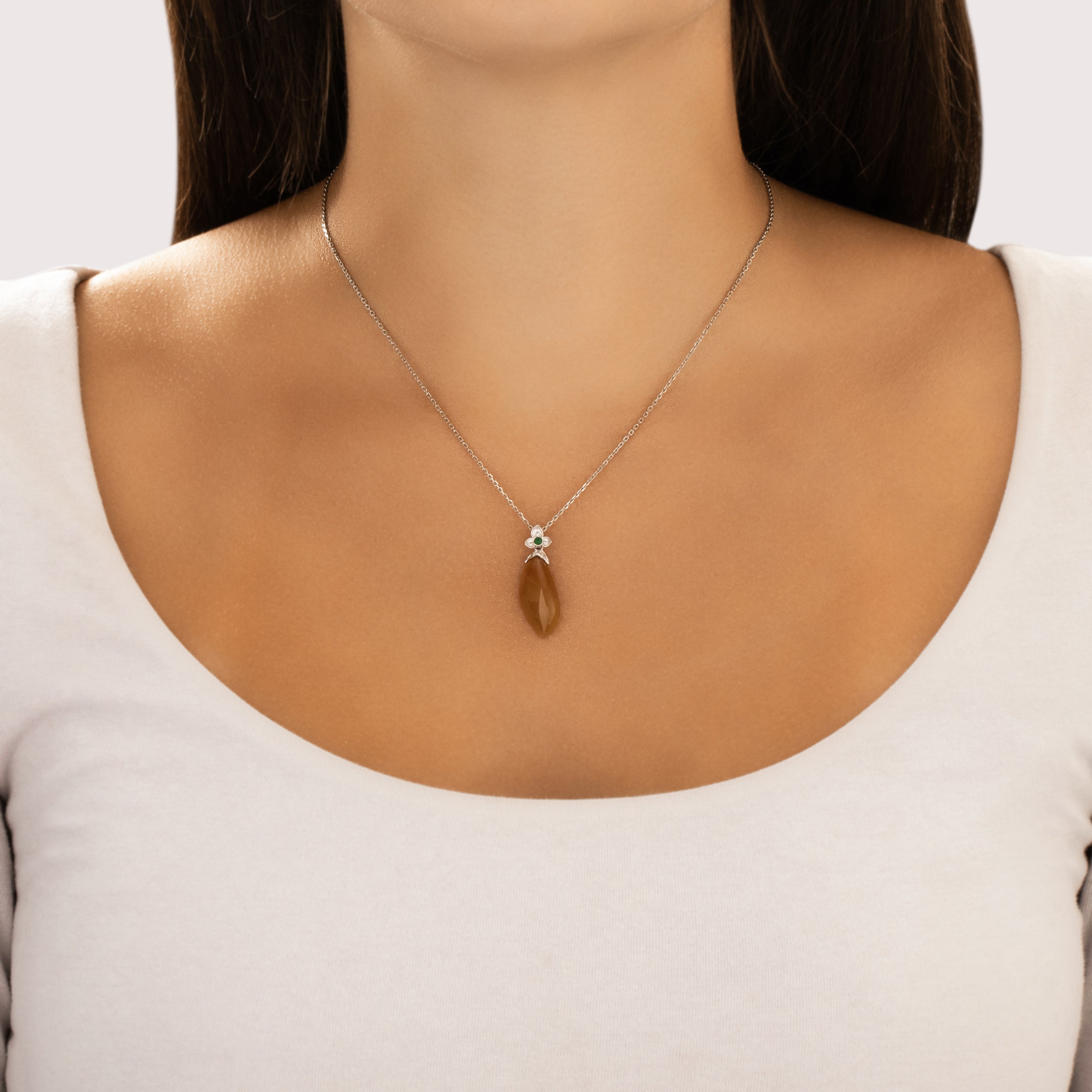 Estate 18k White Gold 10.46ct Yellow Jade Green Chalcedony Bold Naturalistic Leaf Pendant - On model view