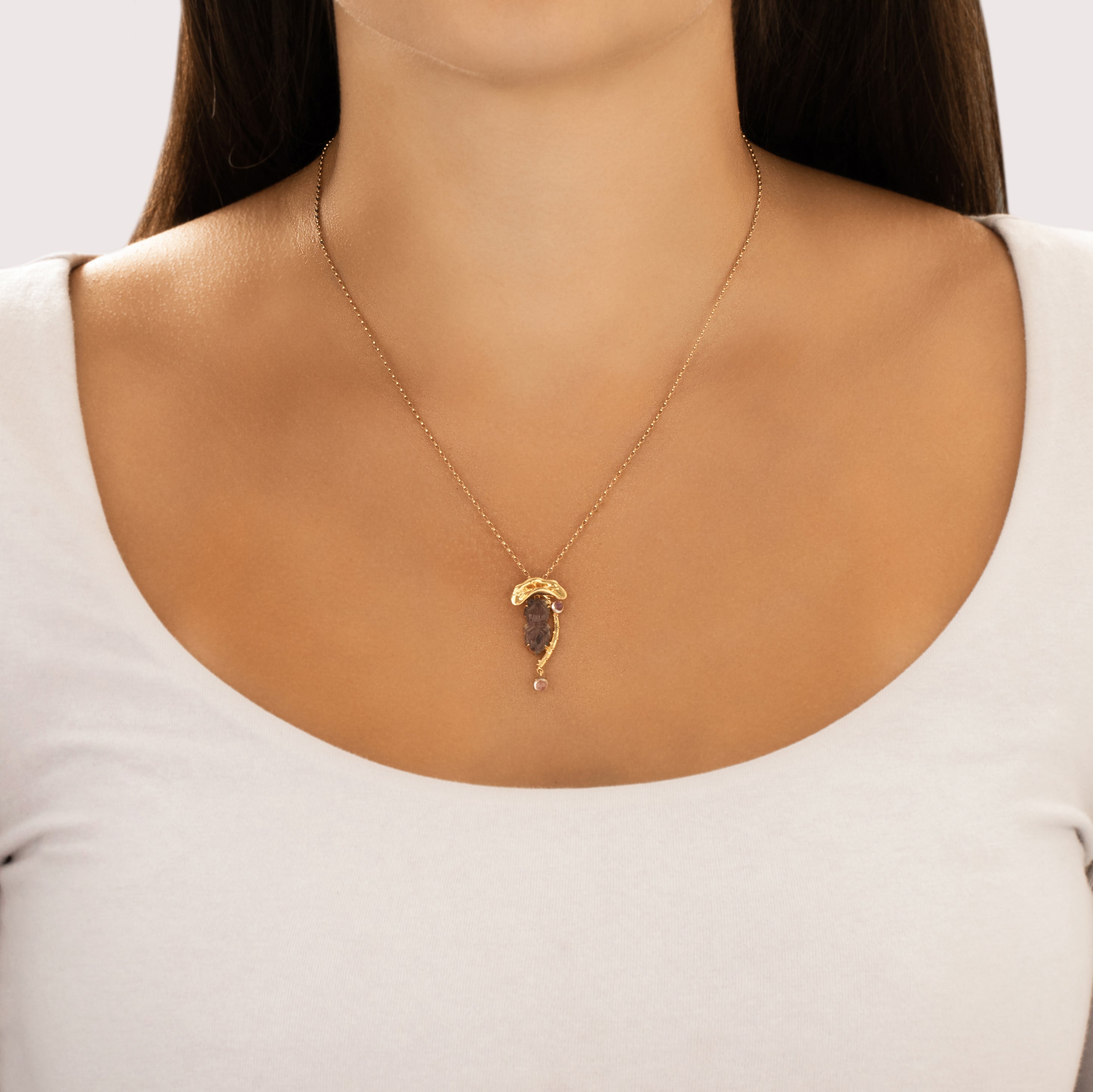 Estate 18k Yellow Gold Moonstone Gray Jade Whimsical Carved Tadpole And Lilypad Pendant - On model view