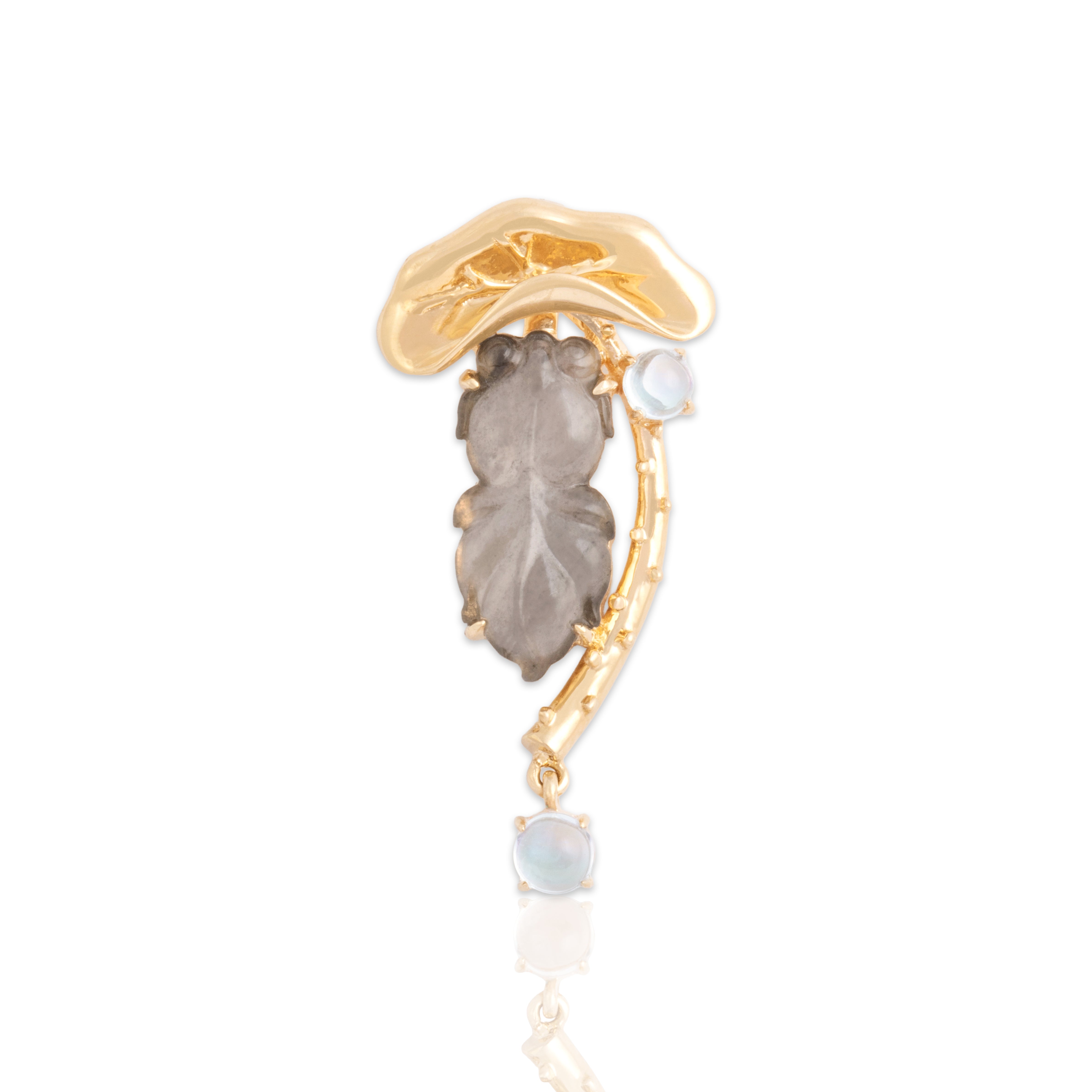 Estate 18k Yellow Gold Moonstone Gray Jade Whimsical Tadpole & Lilypad Pendant