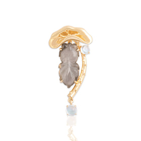 Estate 18k Yellow Gold Moonstone Gray Jade Whimsical Tadpole & Lilypad Pendant
