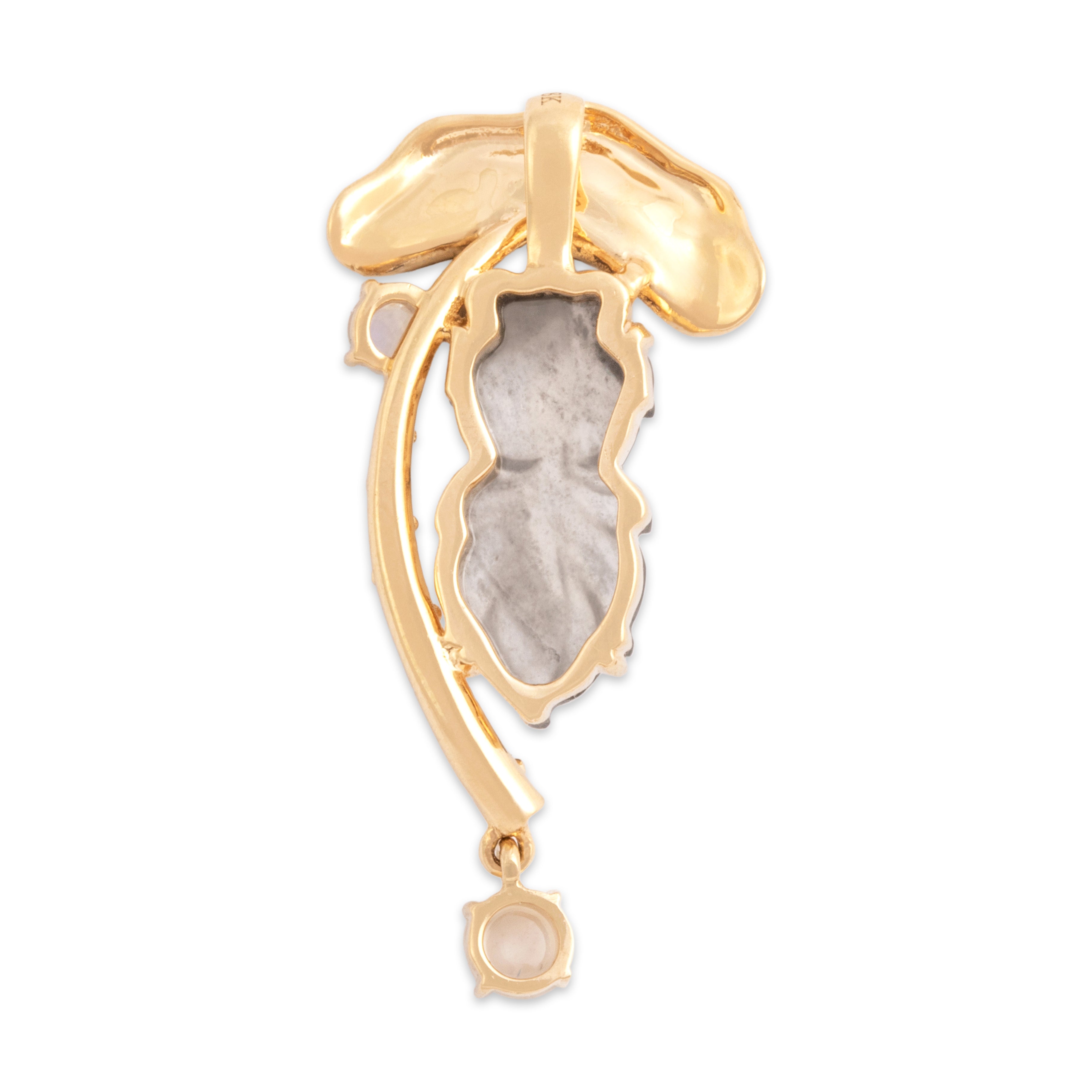 Estate 18k Yellow Gold Moonstone Gray Jade Whimsical Carved Tadpole And Lilypad Pendant - Back view
