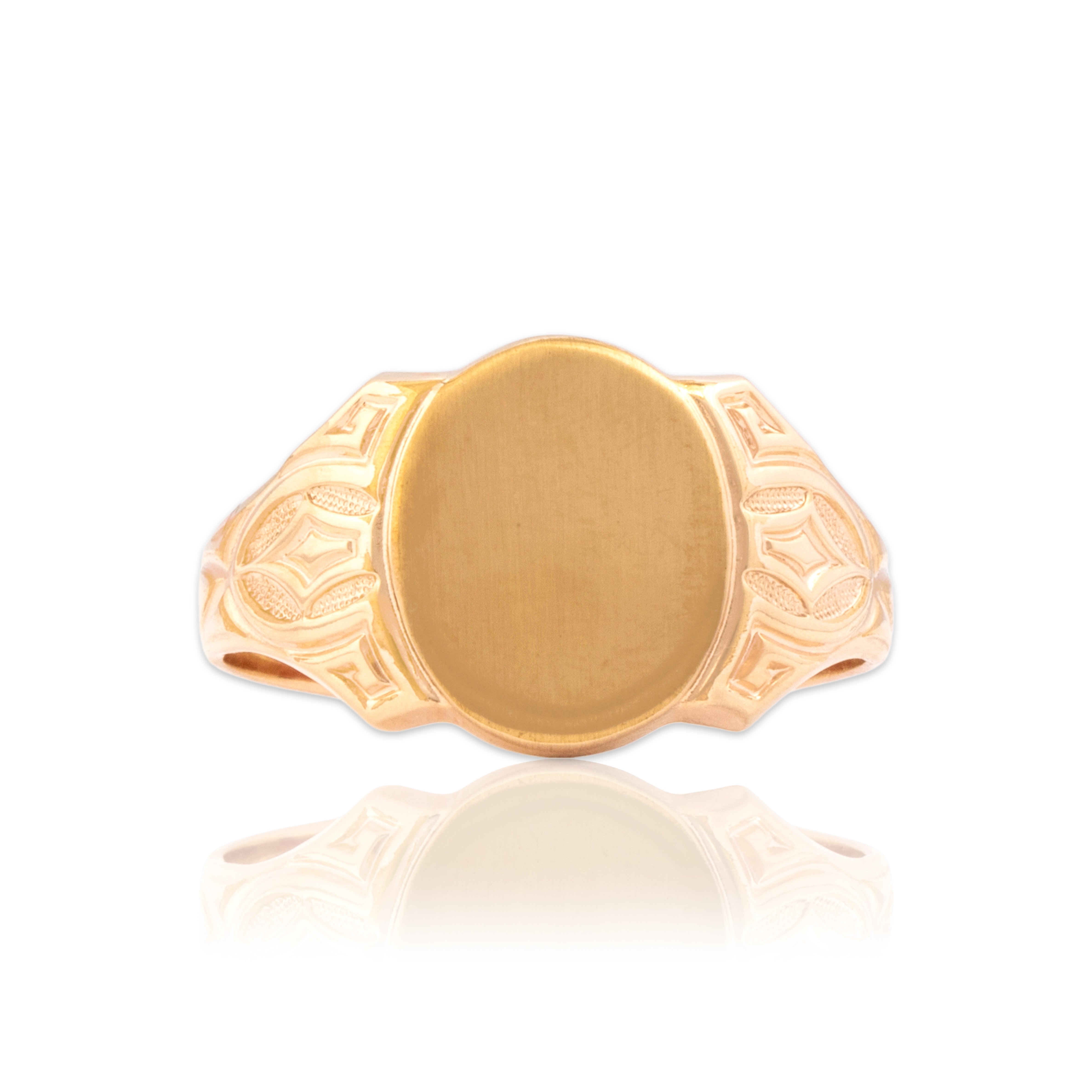 Antique 10k Rosy Yellow Gold Geometric Decorated Oval Signet Ring - Close-up view