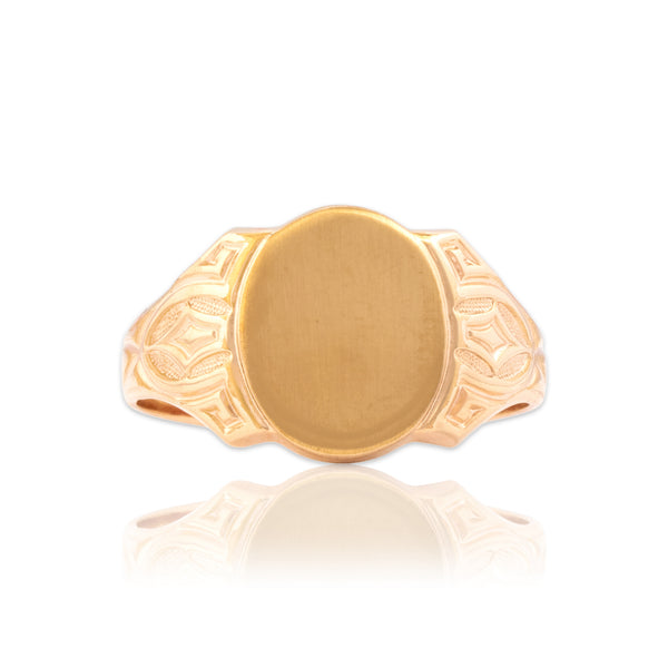 Antique 10k Rosy Yellow Gold Geometric Decorated Oval Signet Ring 11.25