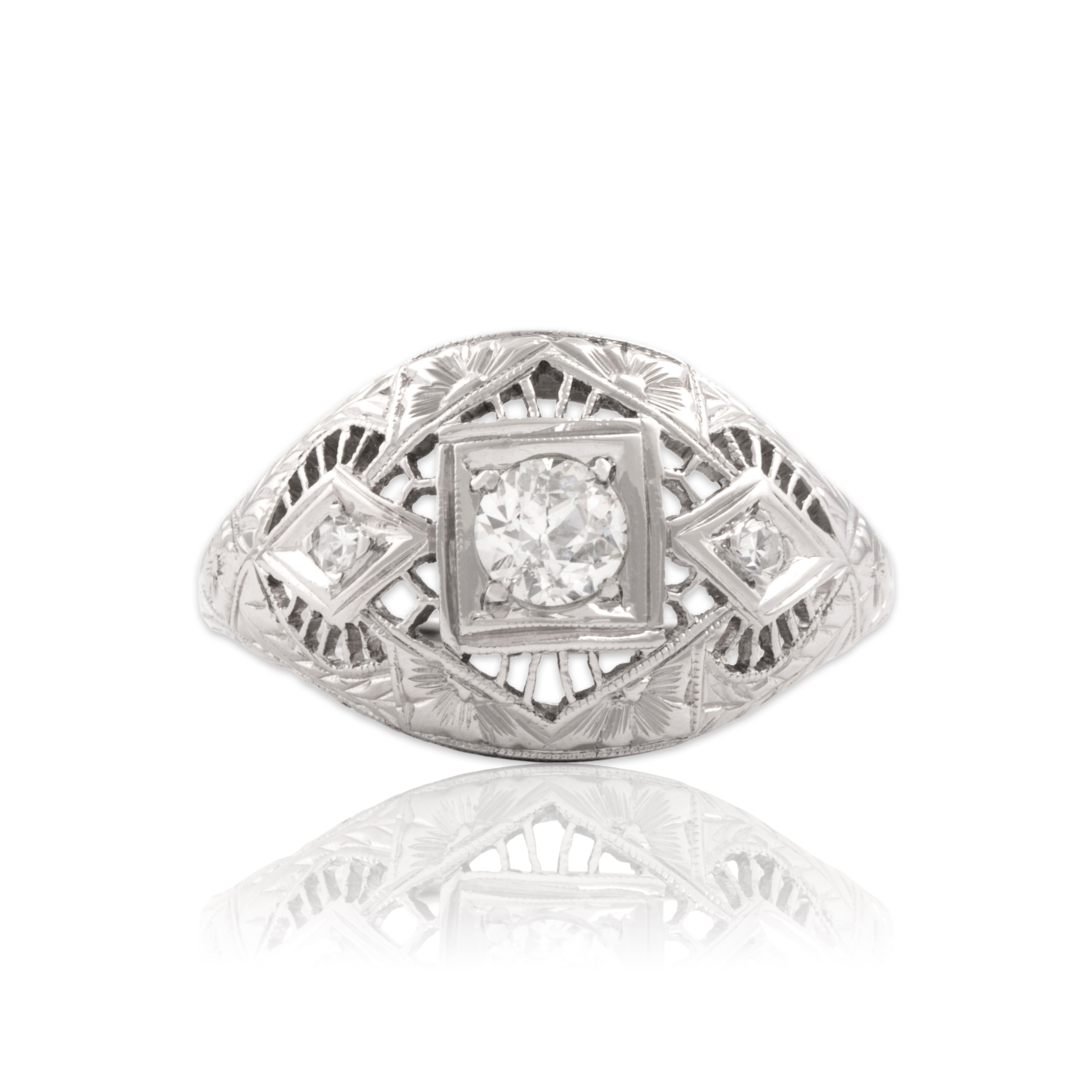 Antique Art Deco 14k White Gold Old Mine Cut Diamond Sparkling East-West Openwork Bubble Dome Ring - Close-up view