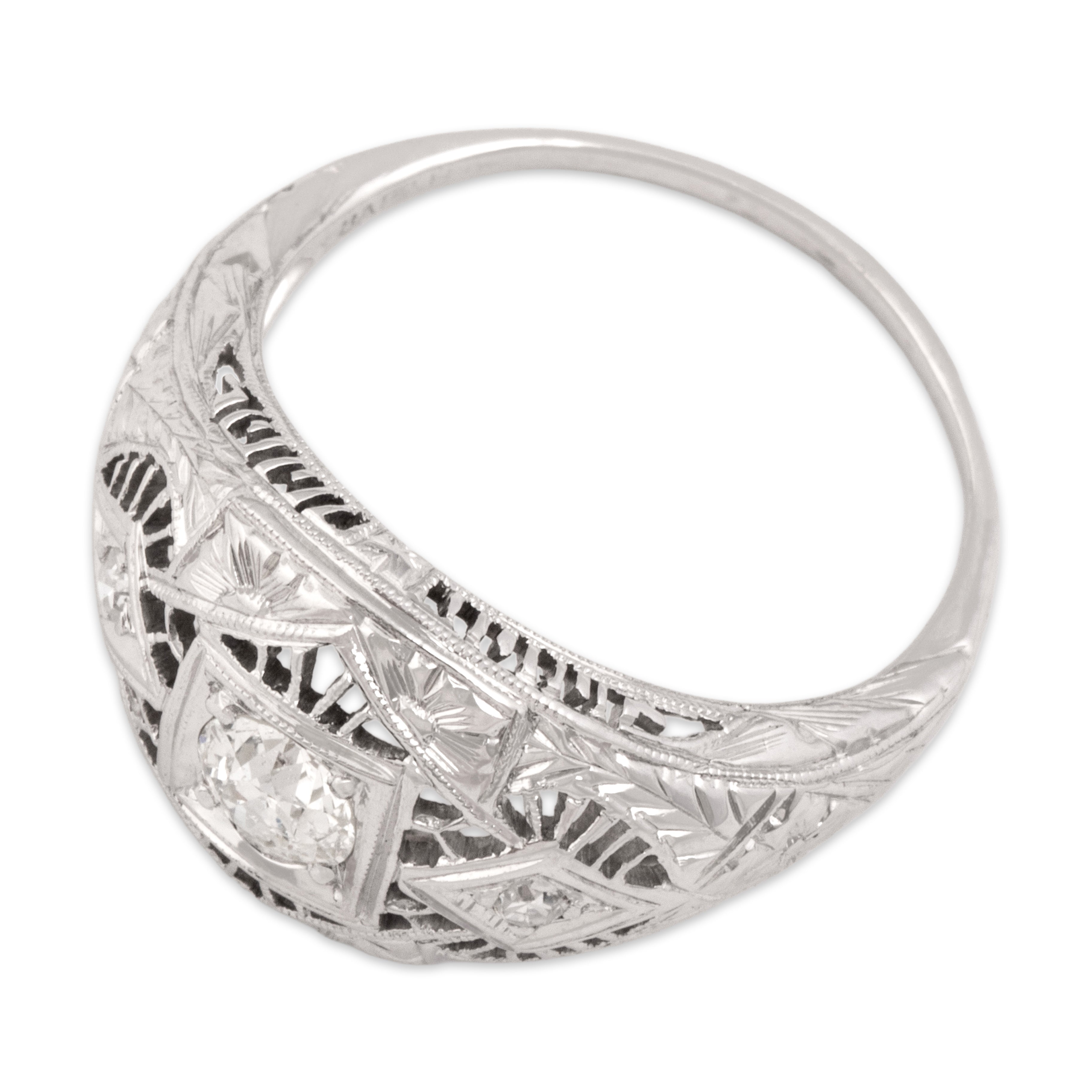 Antique Art Deco 14k White Gold Old Mine Cut Diamond Sparkling East-West Openwork Bubble Dome Ring - Overall view