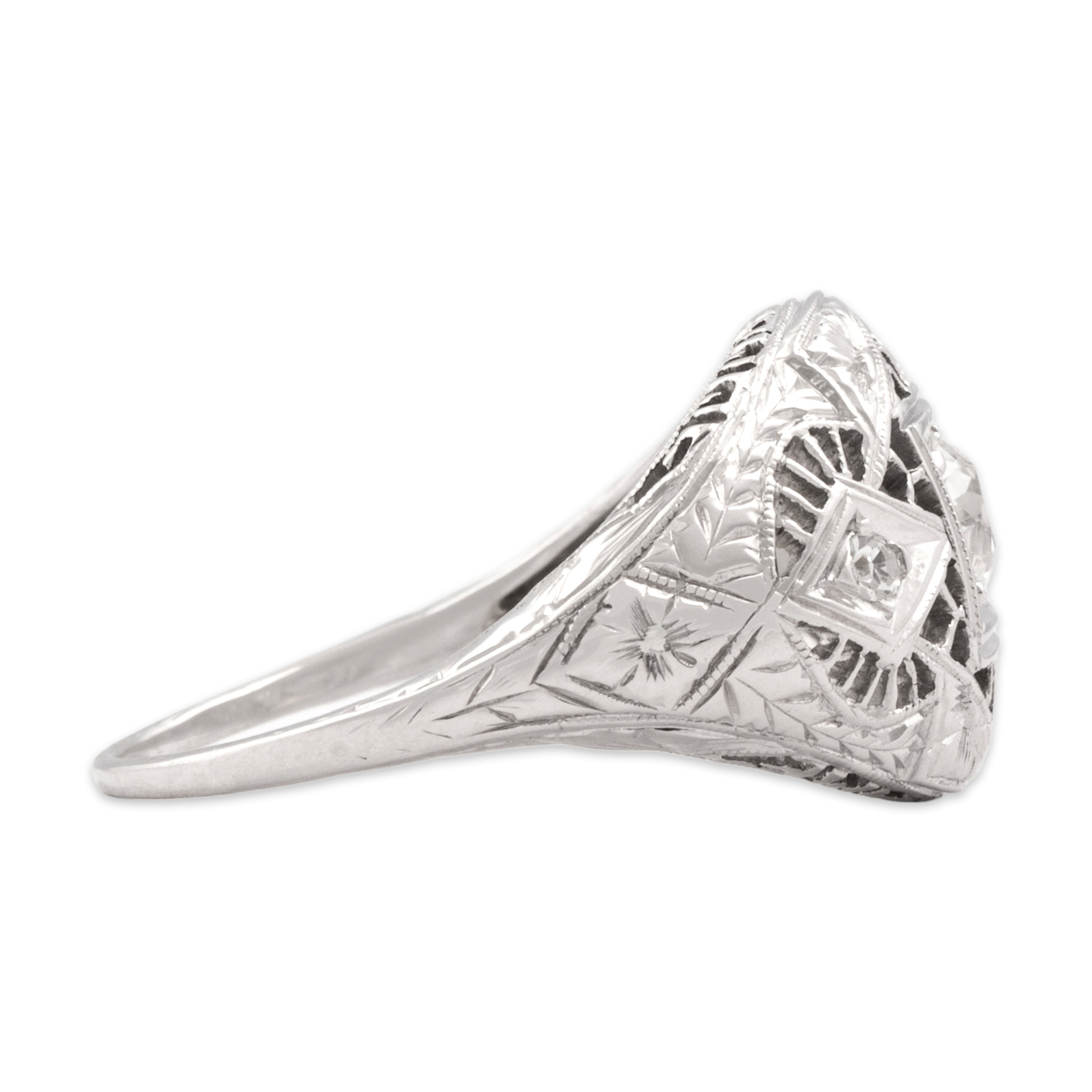 Antique Art Deco 14k White Gold Old Mine Cut Diamond Sparkling East-West Openwork Bubble Dome Ring - Side view