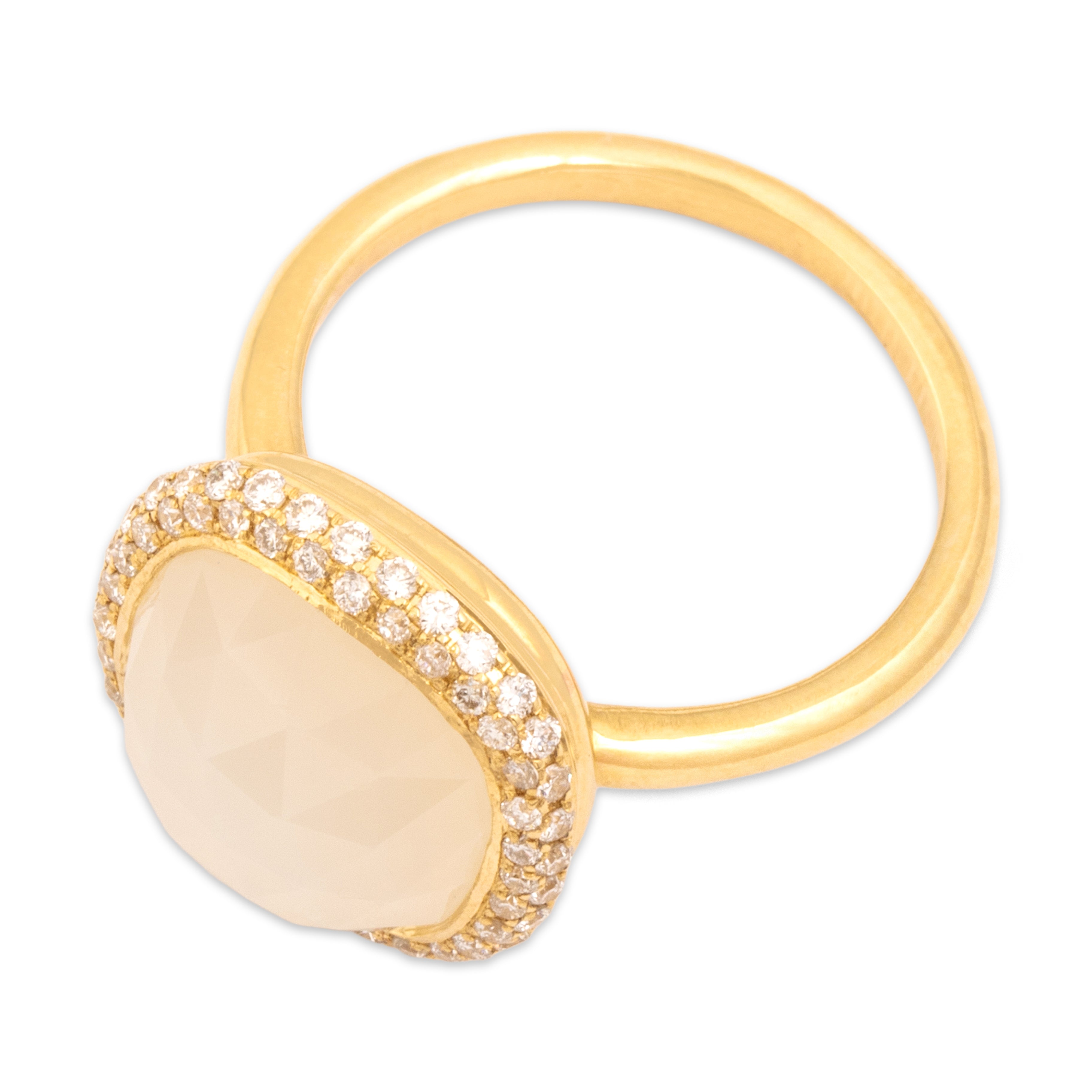 Estate 18k Yellow Gold 6.58ct White Chalcedony Diamond Glowing Moonlight Square Halo Ring - Overall view