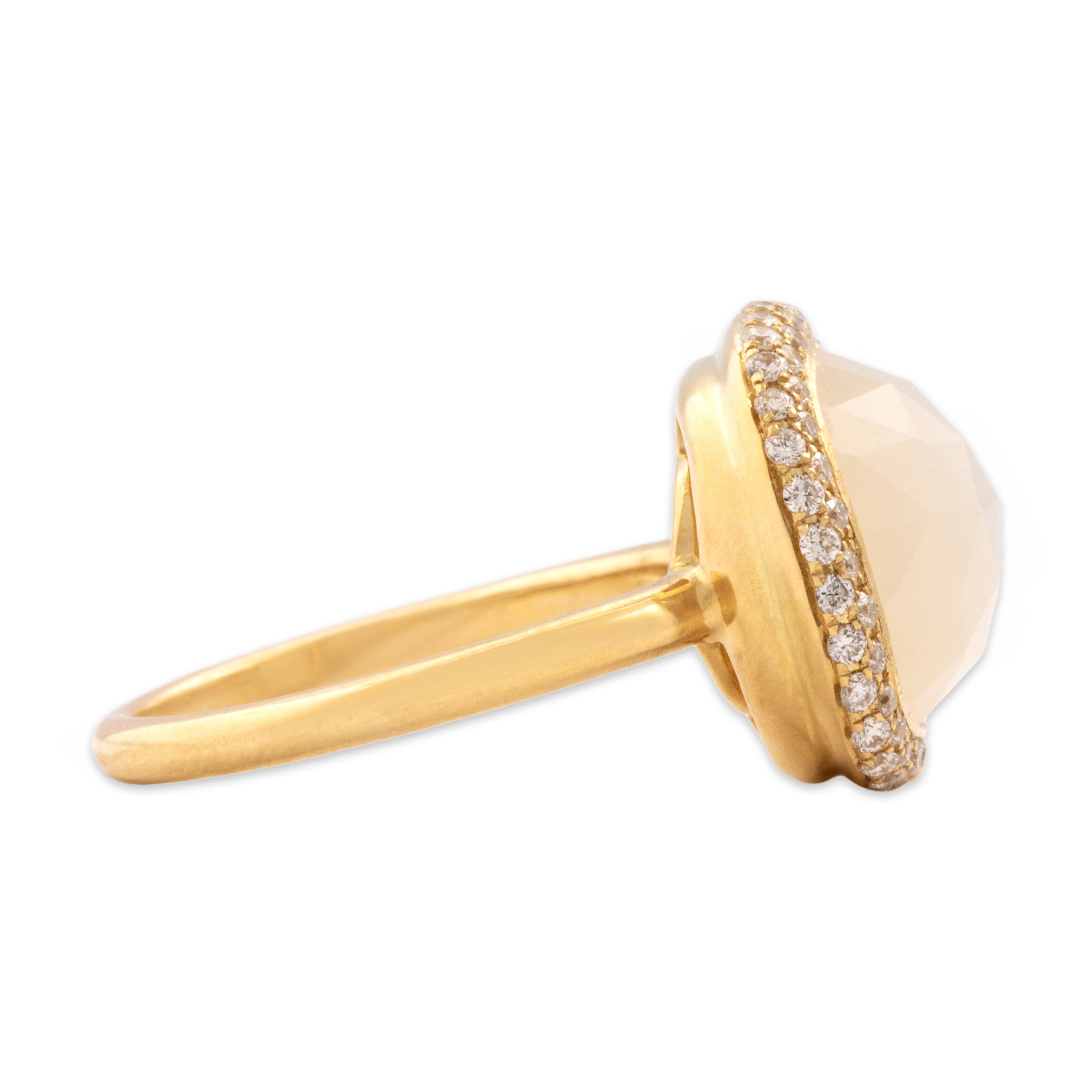Estate 18k Yellow Gold 6.58ct White Chalcedony Diamond Glowing Moonlight Square Halo Ring - Side view