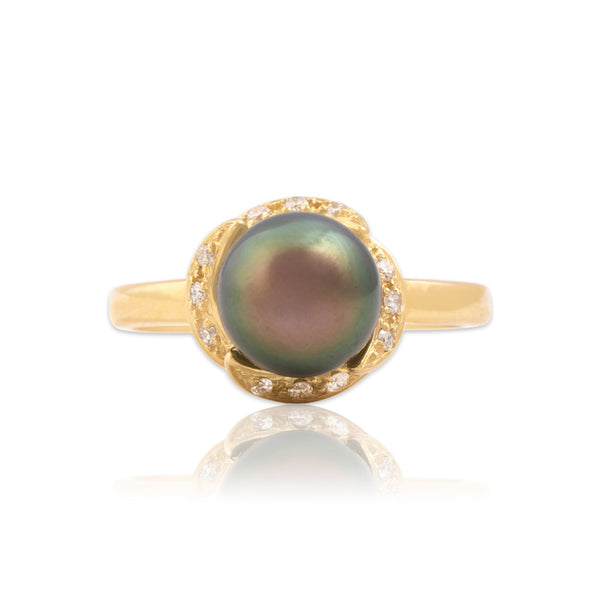 Estate 18k Yellow Gold Tahitian Pearl Diamond Luminous Swooping Ring 9.50