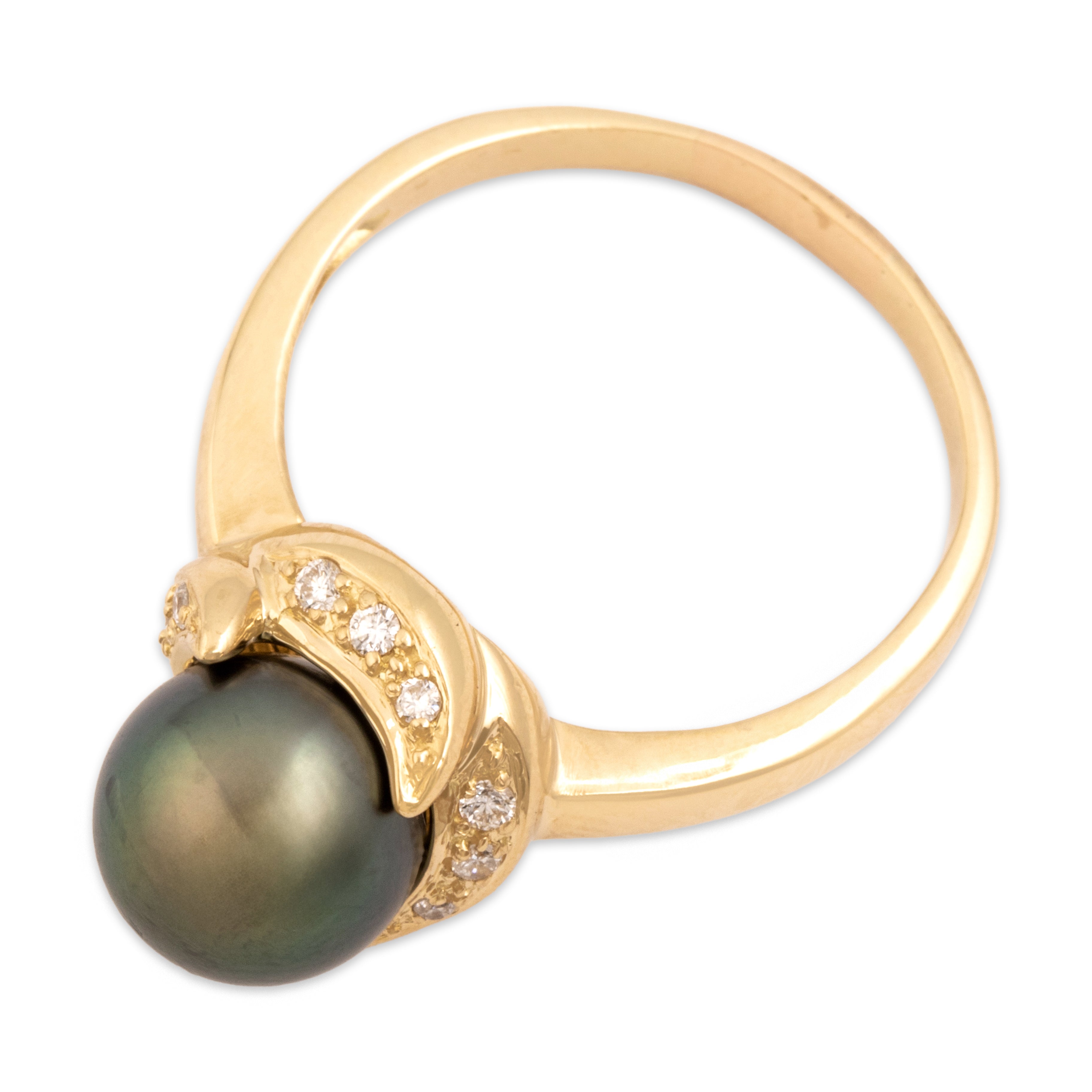 Estate 18k Yellow Gold Tahitian Pearl Diamond Luminous Swooping Ring - Overall view