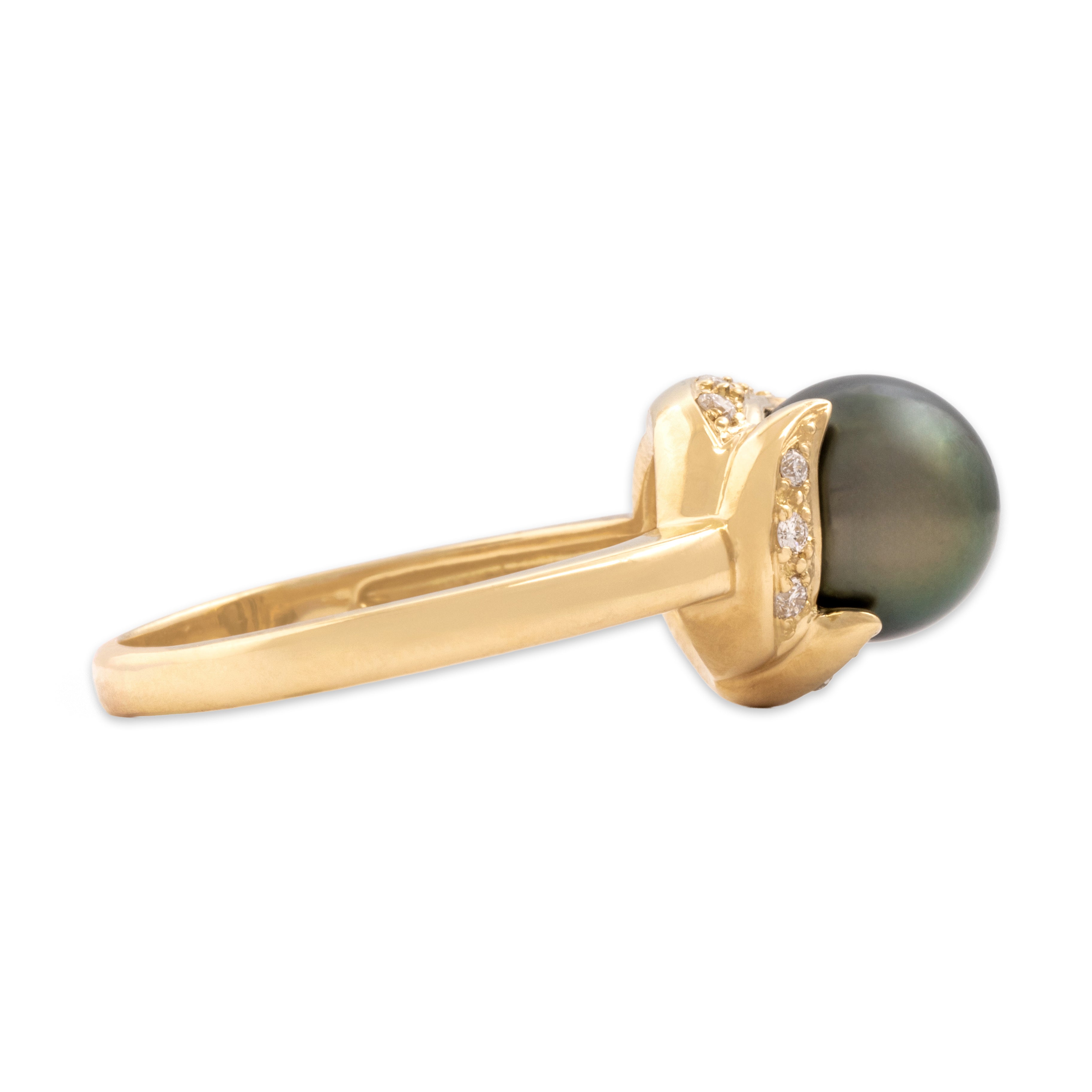 Estate 18k Yellow Gold Tahitian Pearl Diamond Luminous Swooping Ring - Side view
