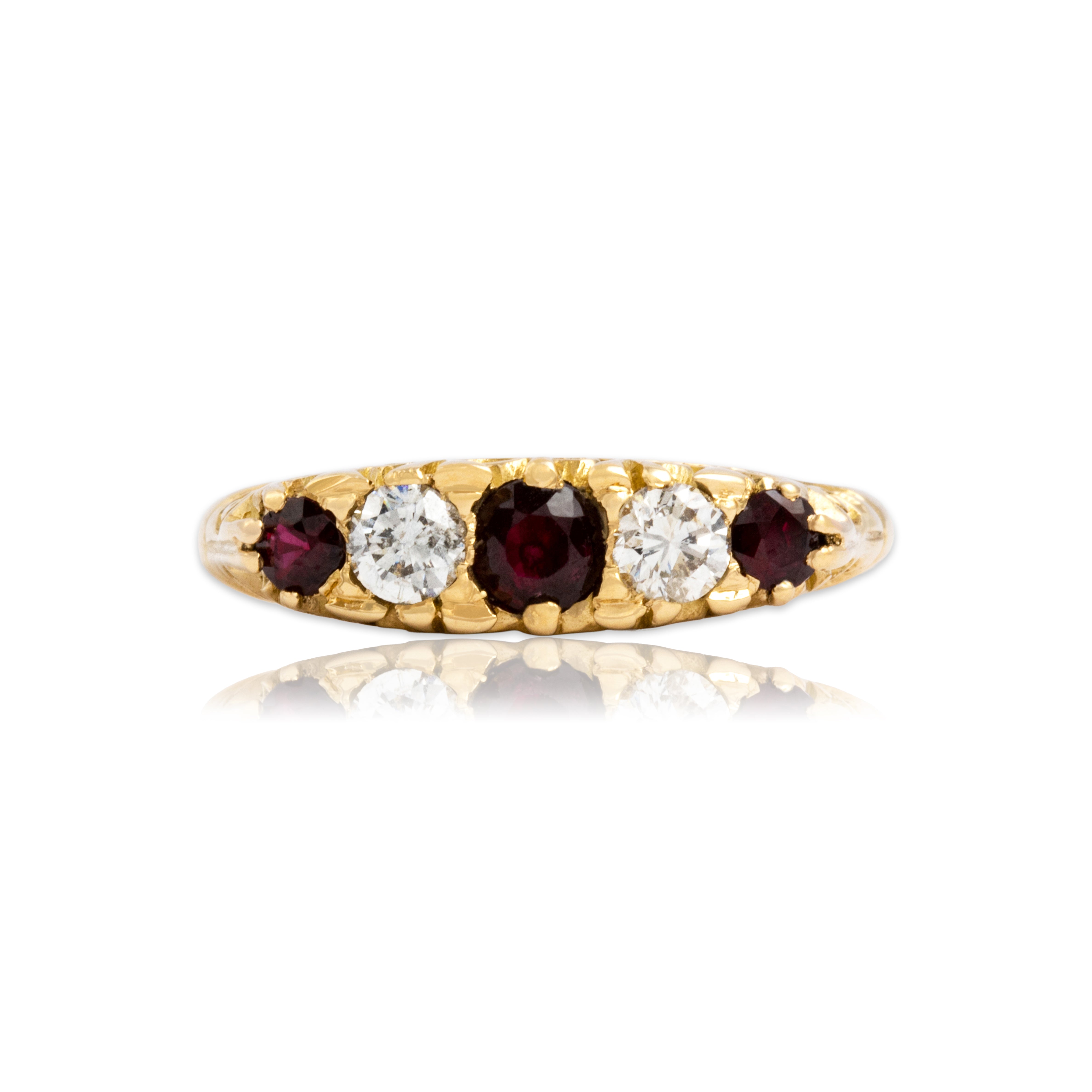 Vintage English 18k Yellow Gold Ruby Diamond Spiral Line Band Ring - Close-up view