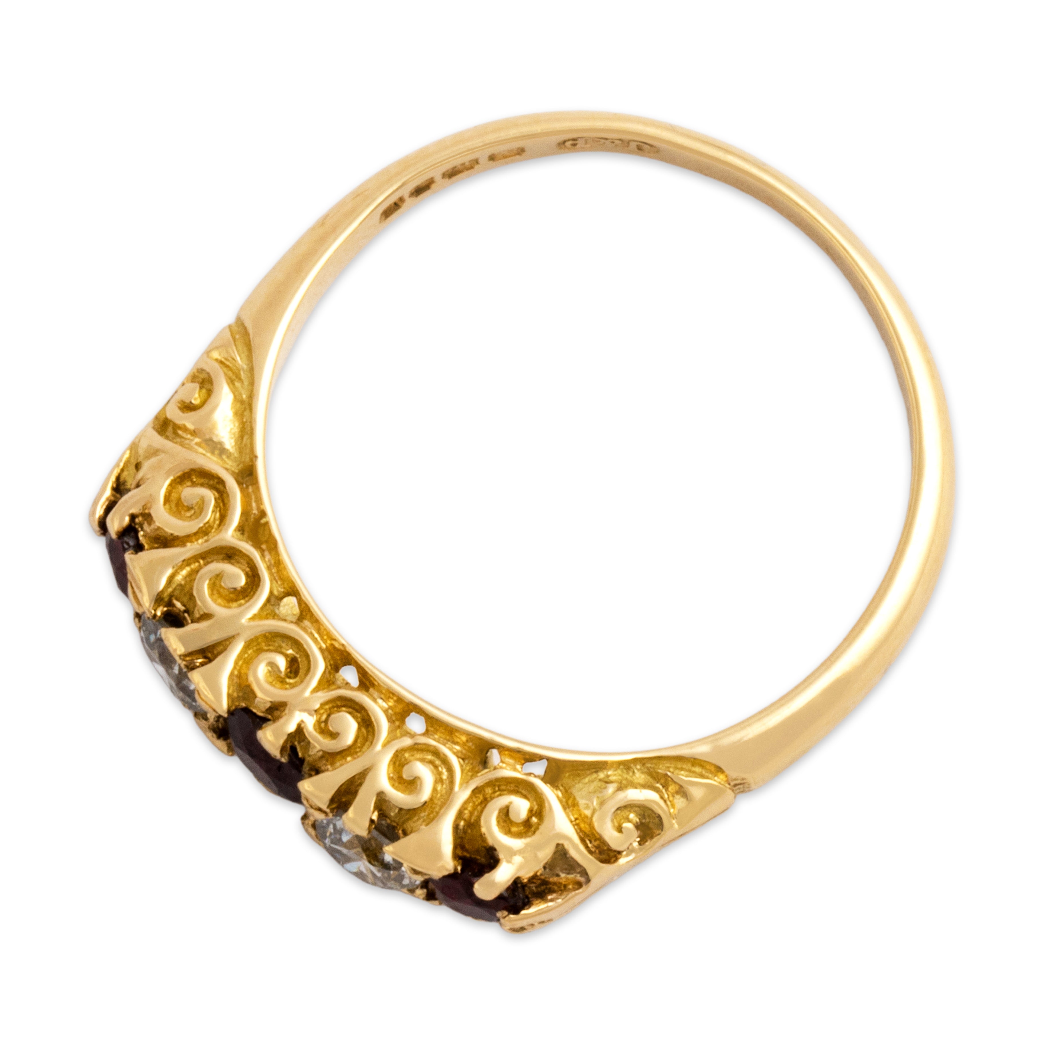 Vintage English 18k Yellow Gold Ruby Diamond Spiral Line Band Ring - Overall view
