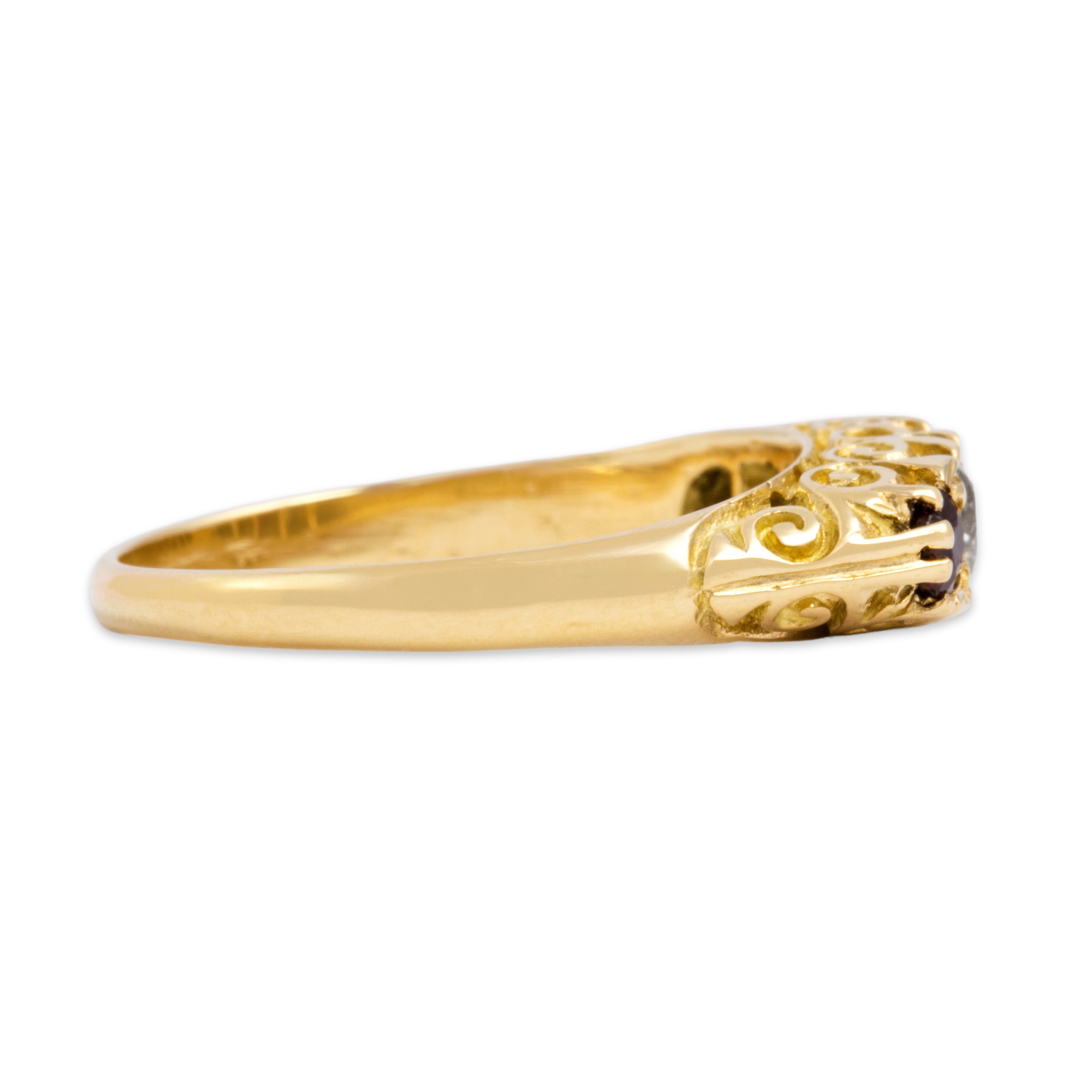 Vintage English 18k Yellow Gold Ruby Diamond Spiral Line Band Ring - Side view