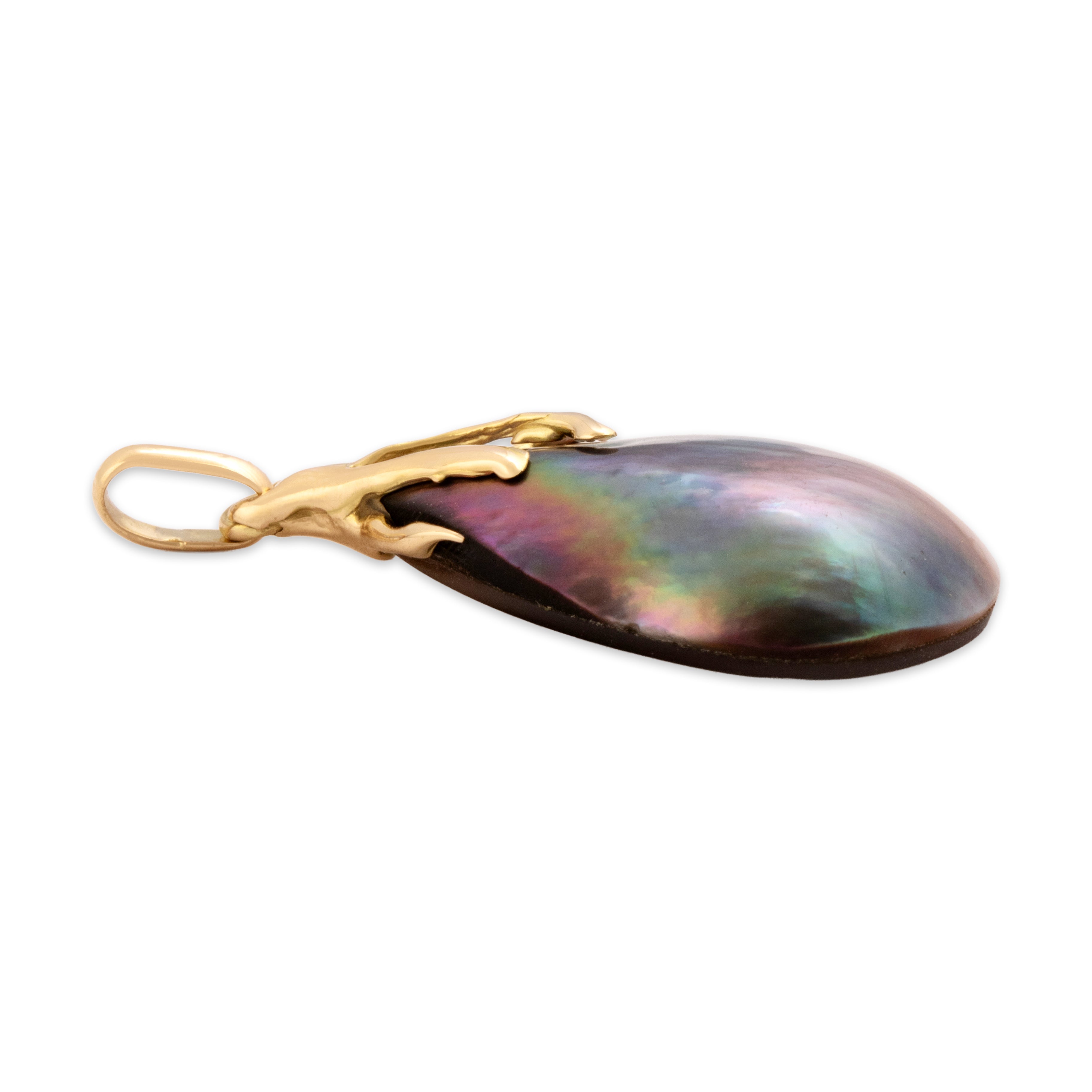 Vintage 18k Yellow Gold Abalone Iridescent Oceanic Pendant - Side view