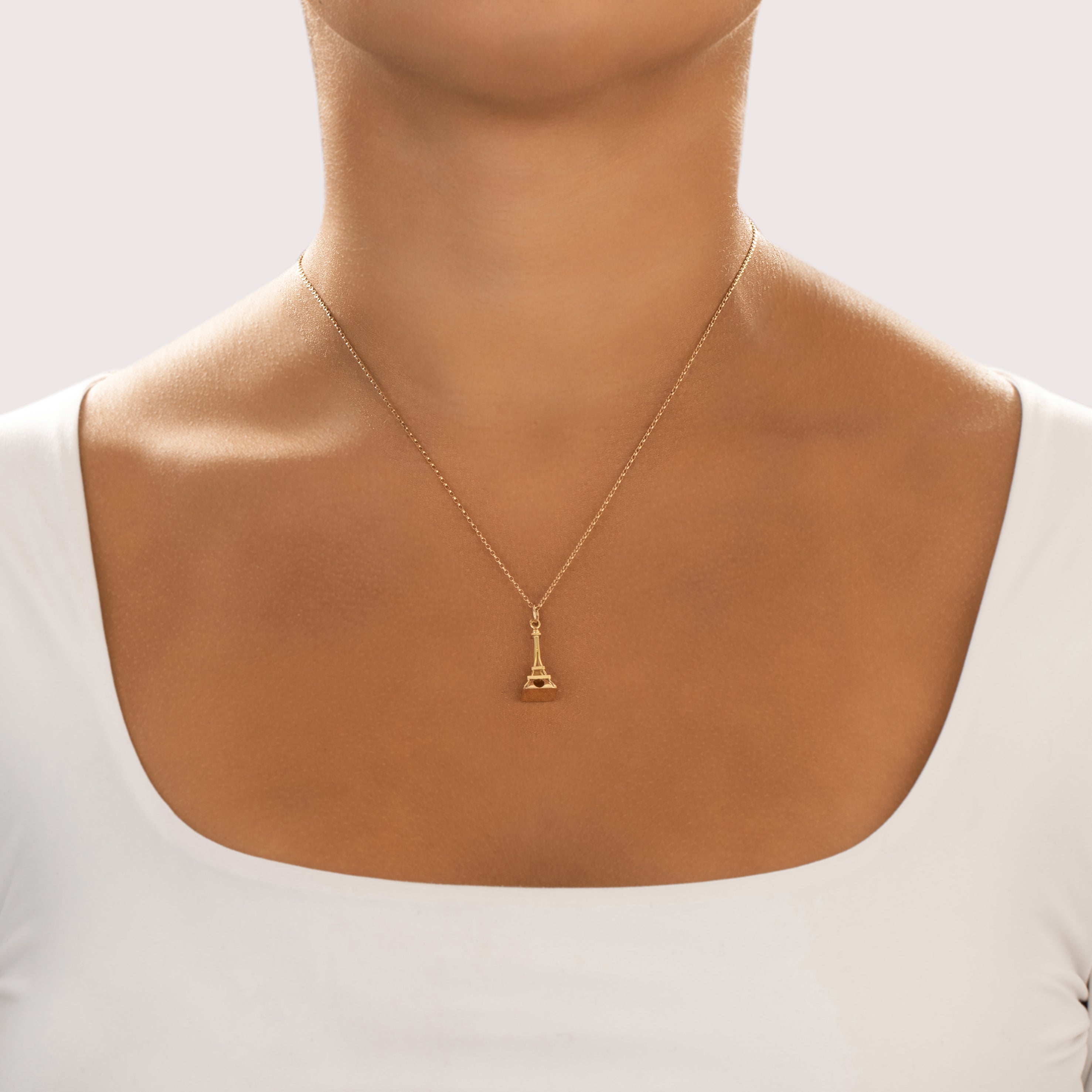 Vintage French 18k Yellow Gold Sleek Eiffel Tower Charm / Pendant - On model view